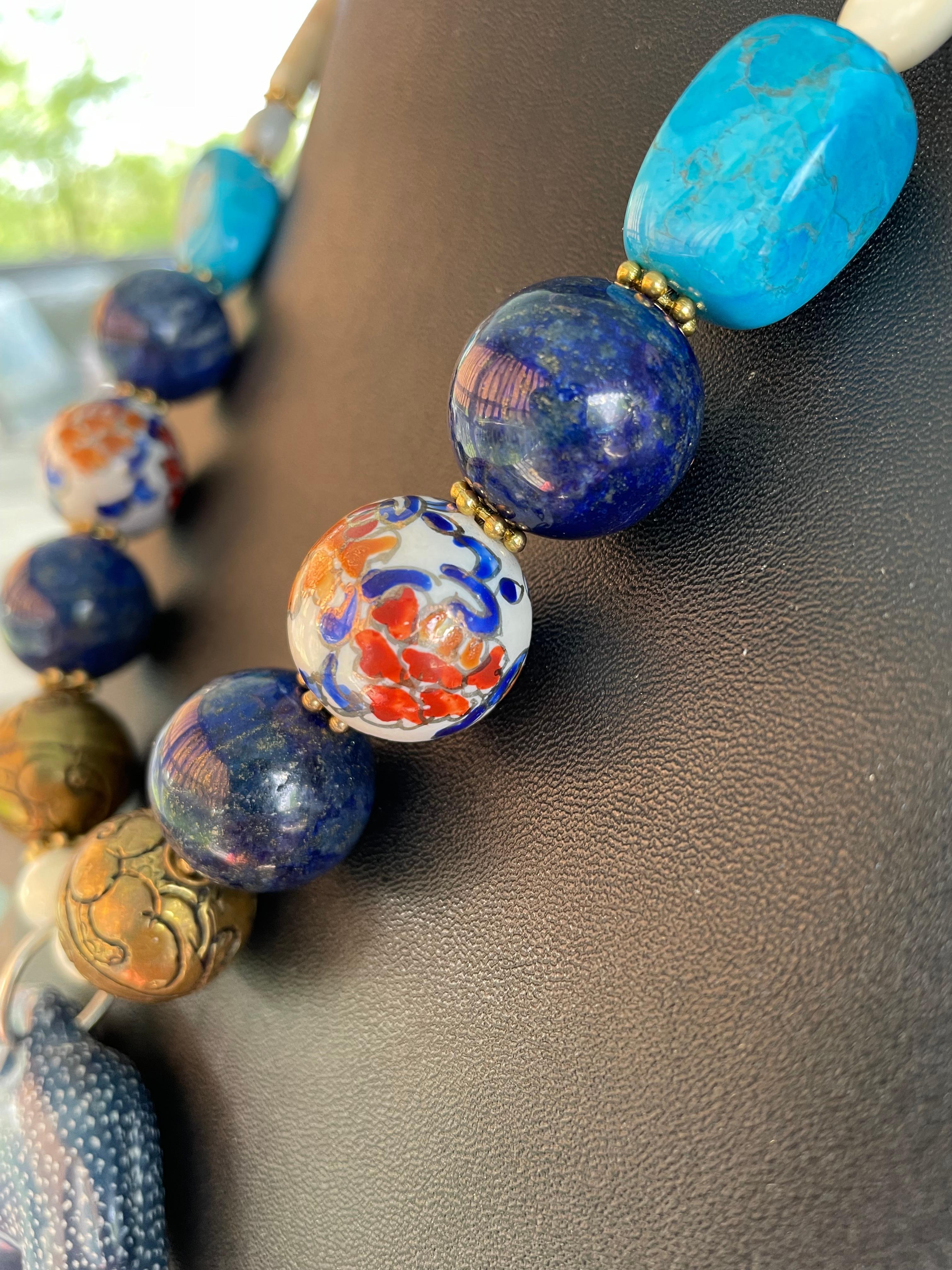 LB ofrece Piedra Africana Elefante Latón Tibetano Lapislázuli Hueso MOP Collar Imari Cuenta en venta