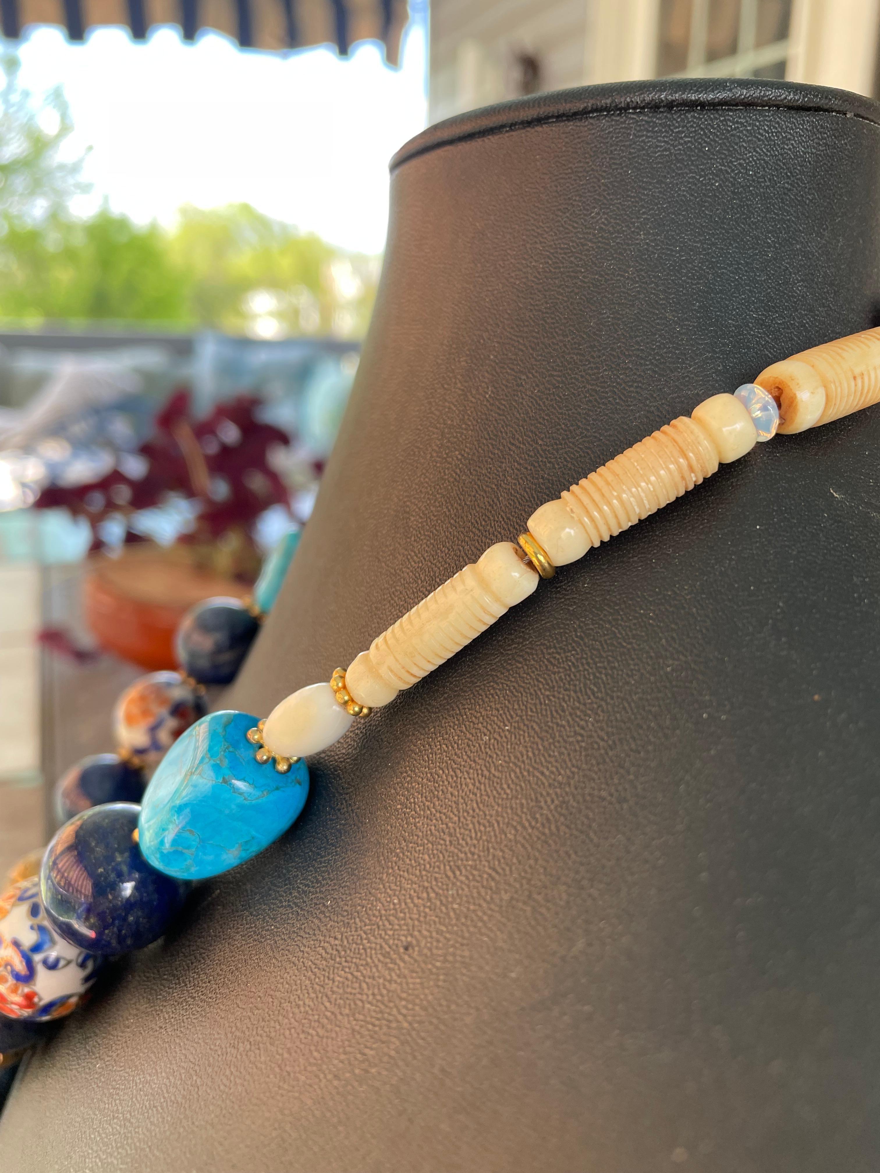 LB ofrece Piedra Africana Elefante Latón Tibetano Lapislázuli Hueso MOP Collar Imari en Bueno estado para la venta en Pittsburgh, PA