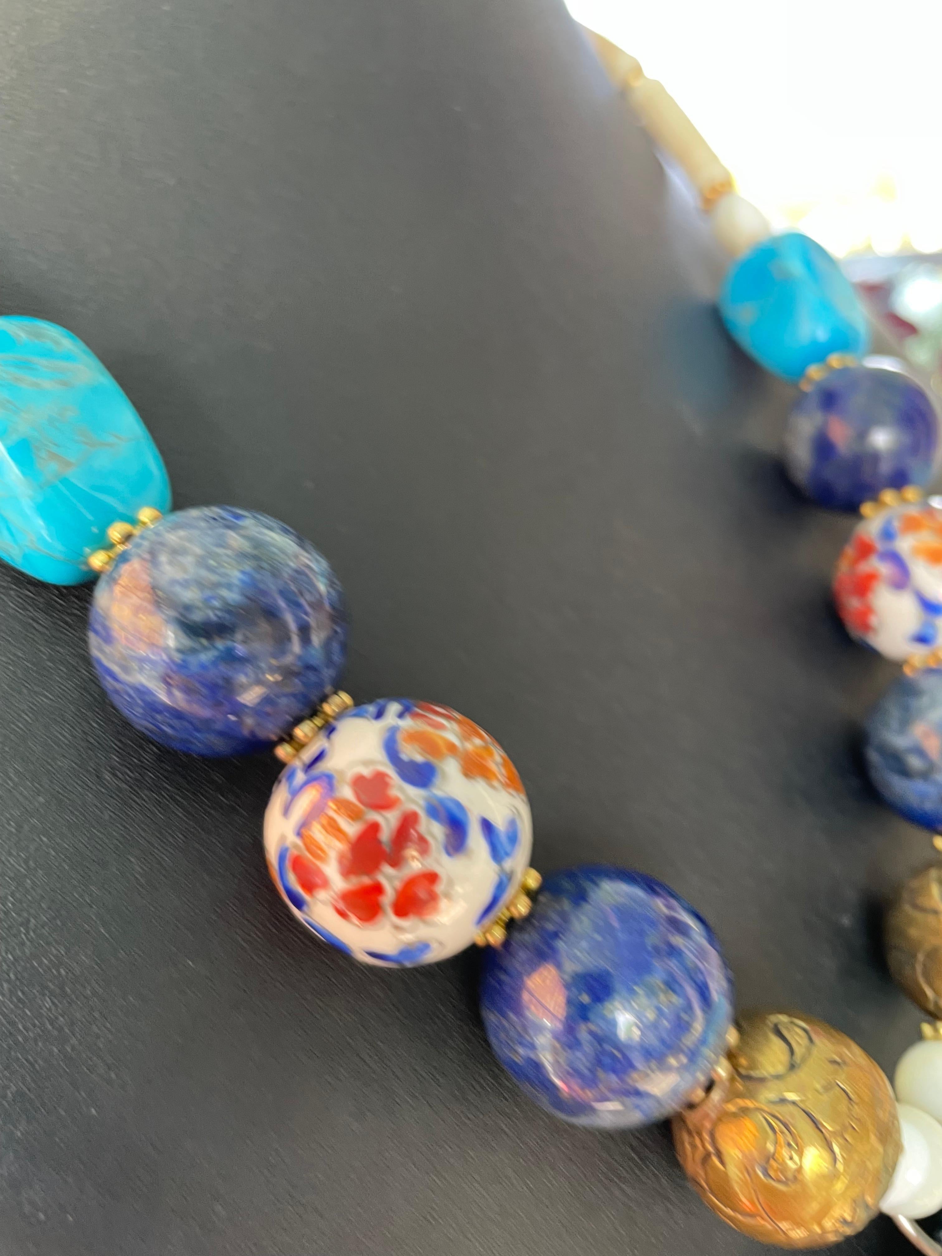 LB ofrece Piedra Africana Elefante Latón Tibetano Lapislázuli Hueso MOP Collar Imari en venta 2