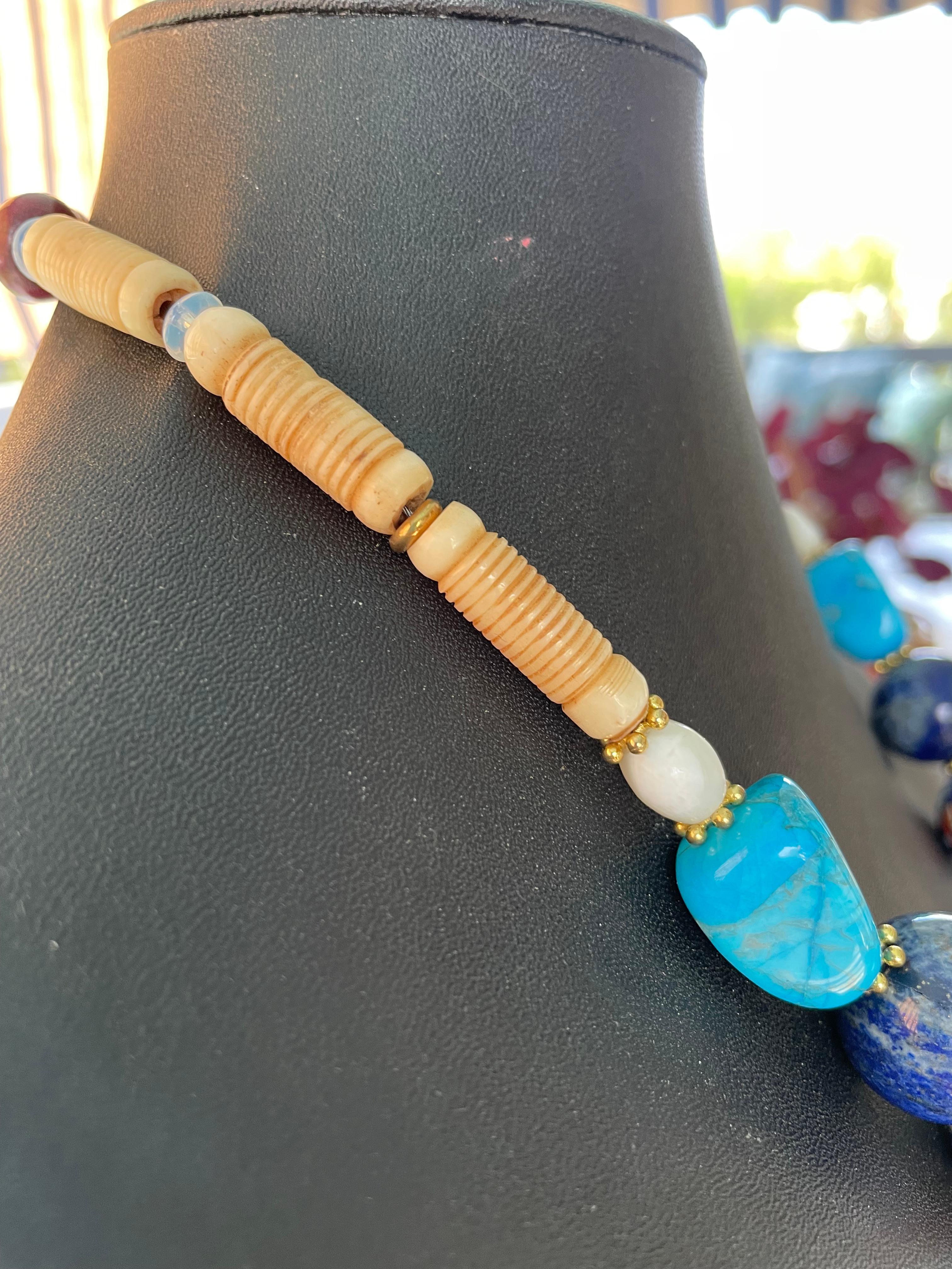 LB ofrece Piedra Africana Elefante Latón Tibetano Lapislázuli Hueso MOP Collar Imari en venta 3