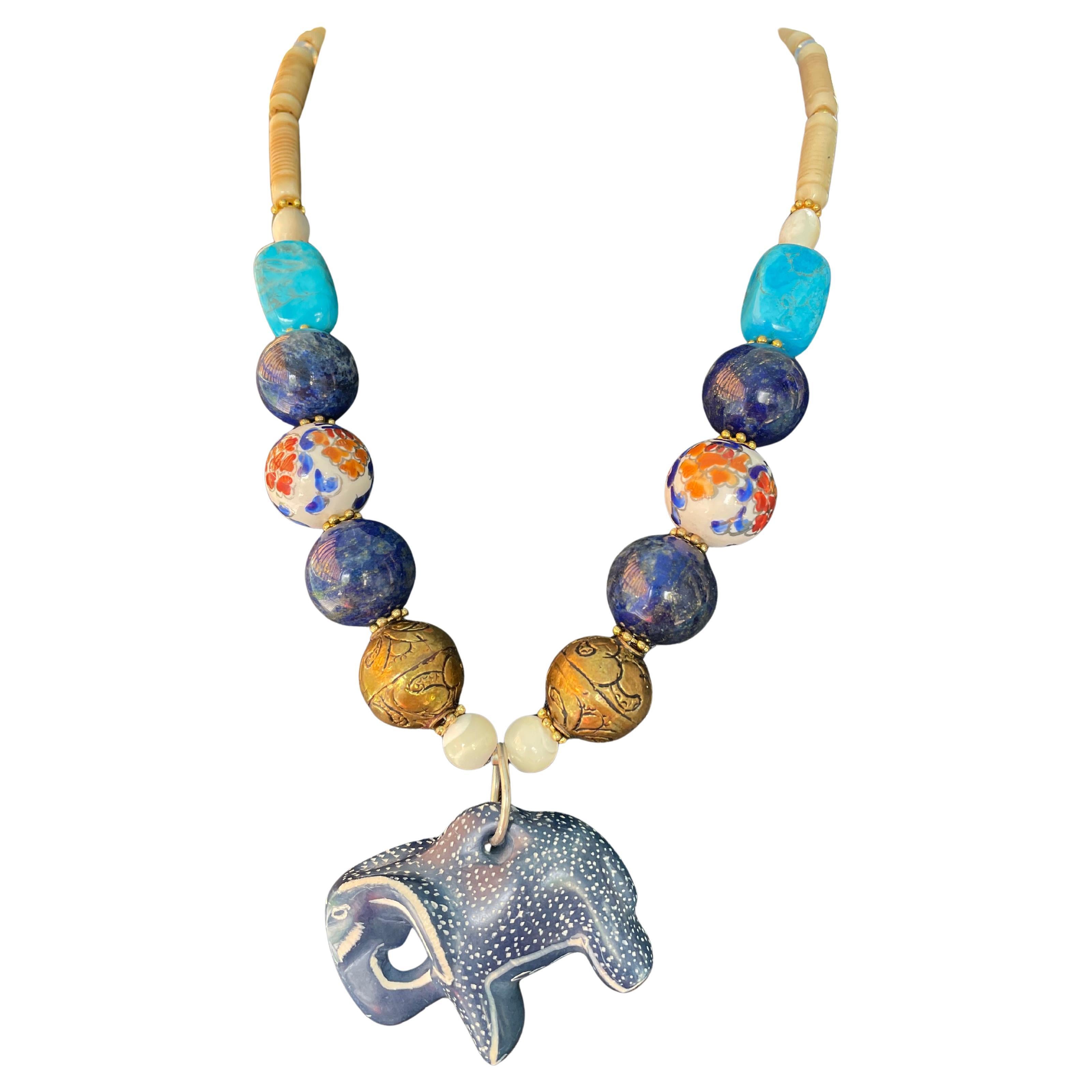 LB ofrece Piedra Africana Elefante Latón Tibetano Lapislázuli Hueso MOP Collar Imari en venta