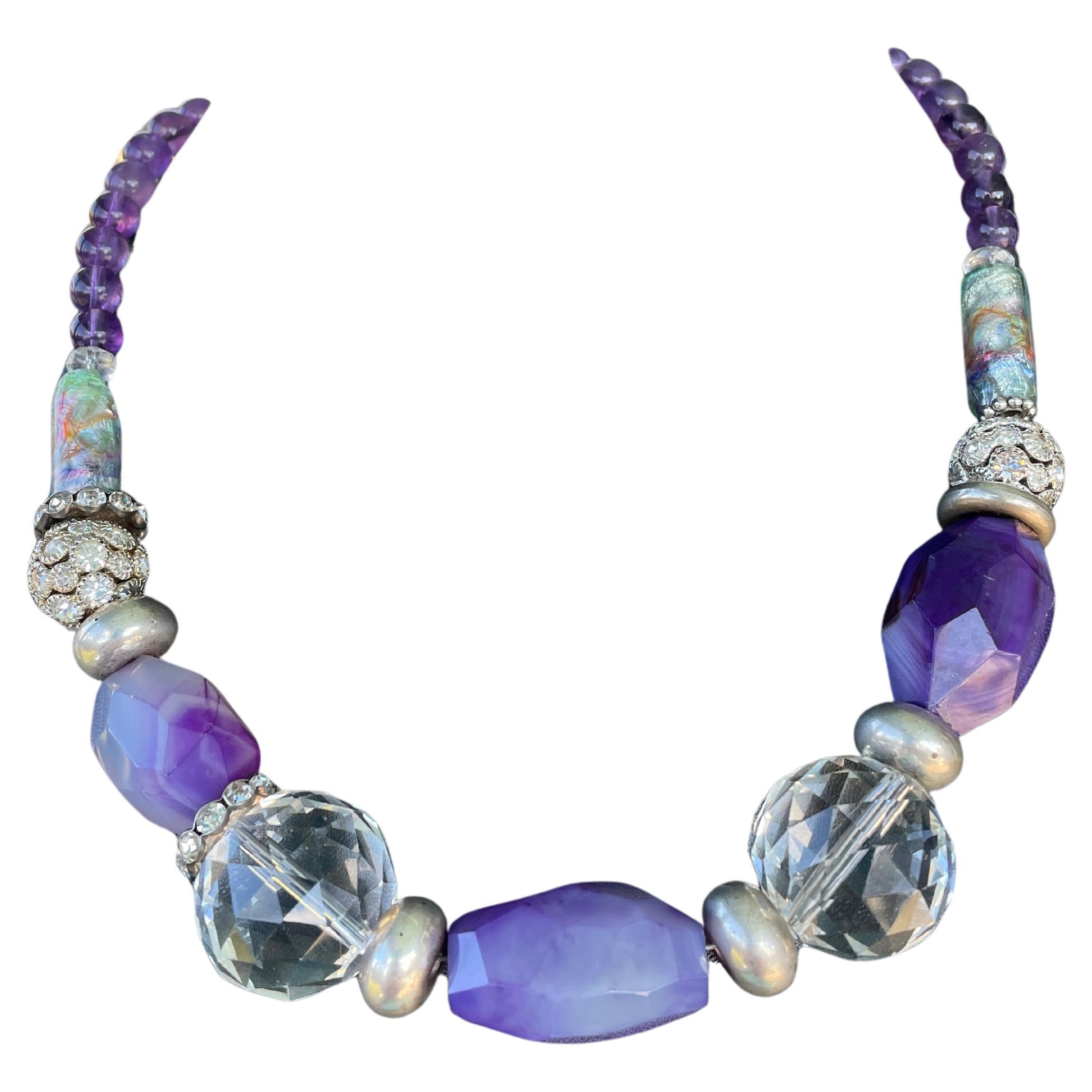 LB bietet Achat Amethyst Bergkristall Sterlingsilber OOAK einzigartige Halskette im Angebot