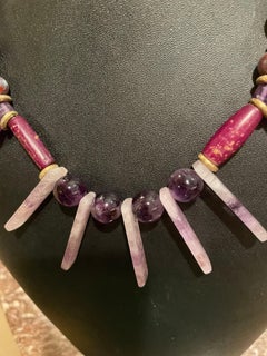 LB offers Amethyst spikes and Pyramids Vintage Czech Glass Gold leaves Necklace