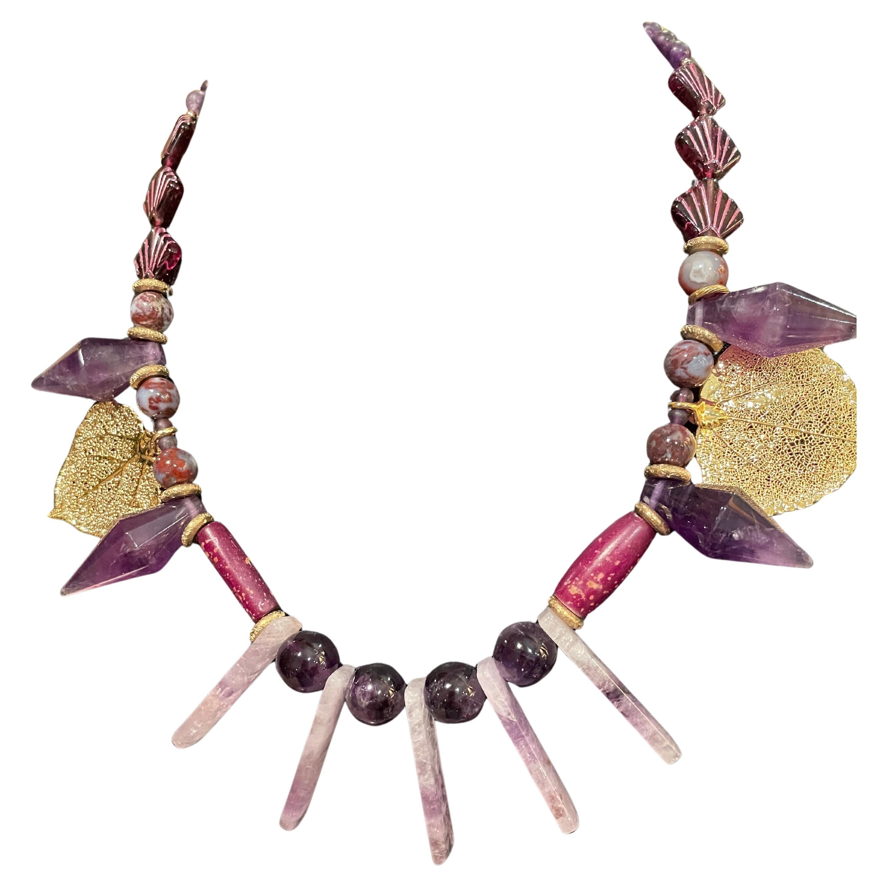 LB offers Amethyst spikes and Pyramids Vintage Czech Glass Gold leaves Necklace For Sale