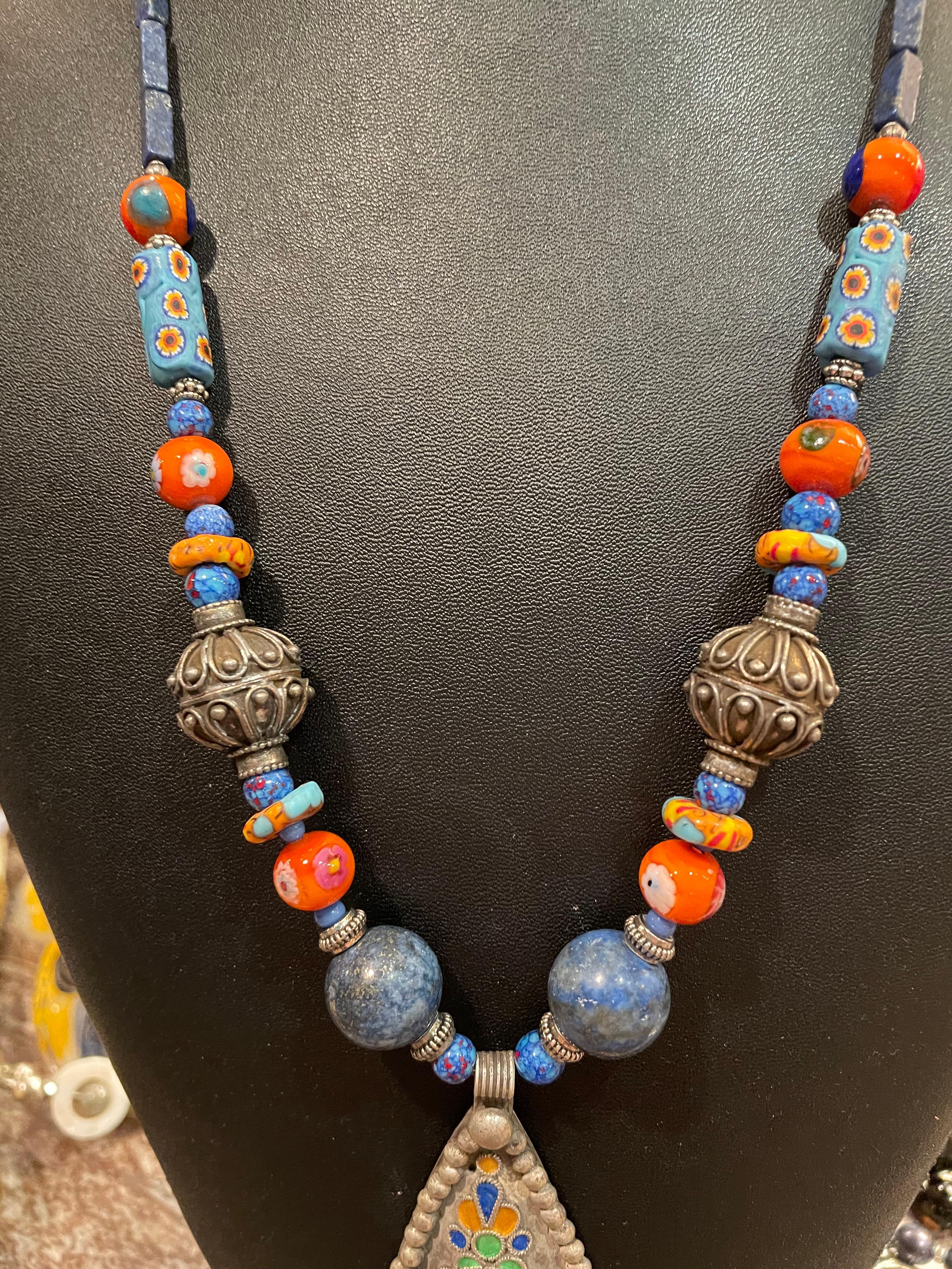 Artisan LB offers an antique Moroccan, enamel pendant with lapis /silver beads necklace For Sale