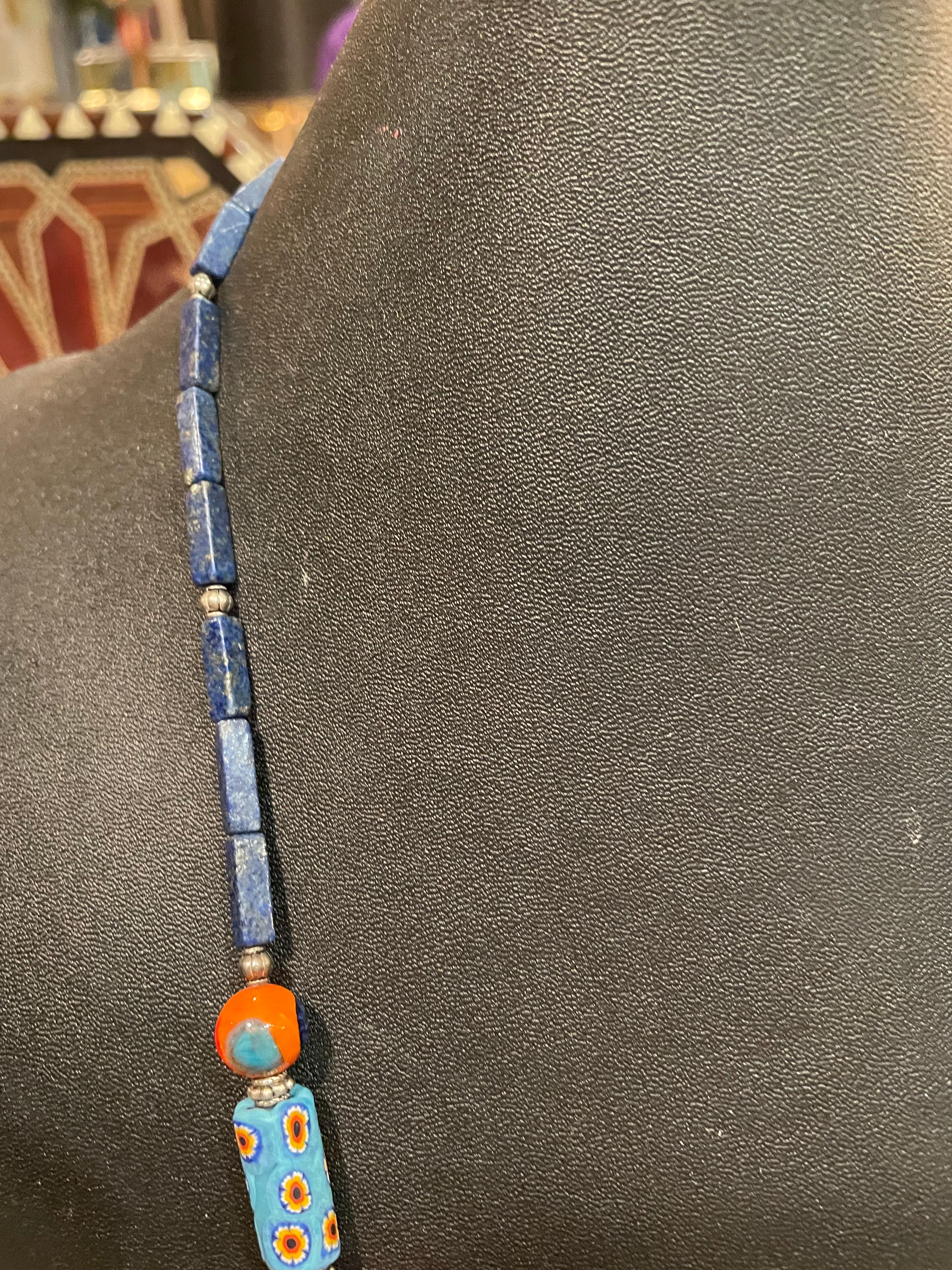 Bead LB offers an antique Moroccan, enamel pendant with lapis /silver beads necklace For Sale