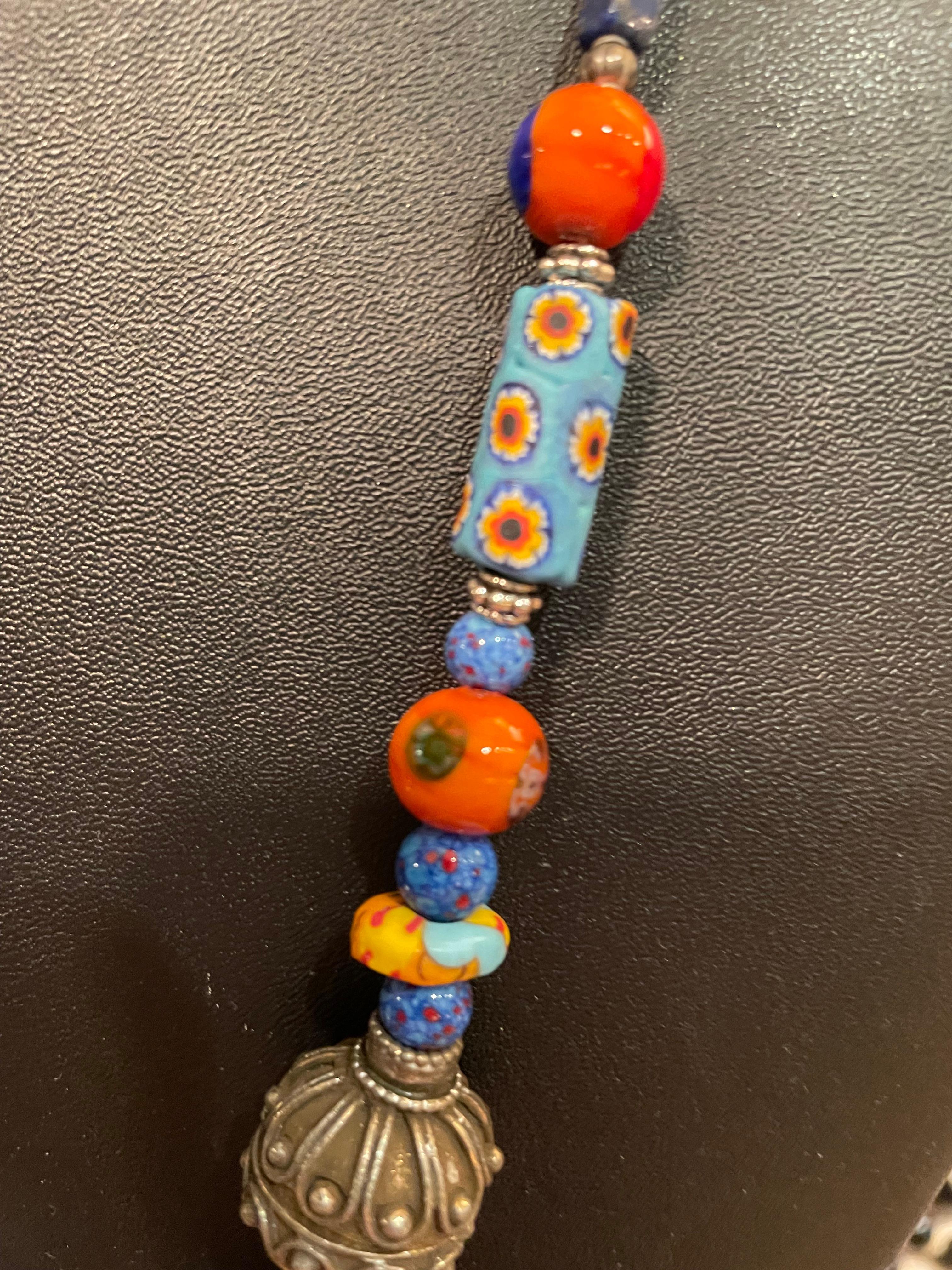LB offers an antique Moroccan, enamel pendant with lapis /silver beads necklace In Good Condition For Sale In Pittsburgh, PA