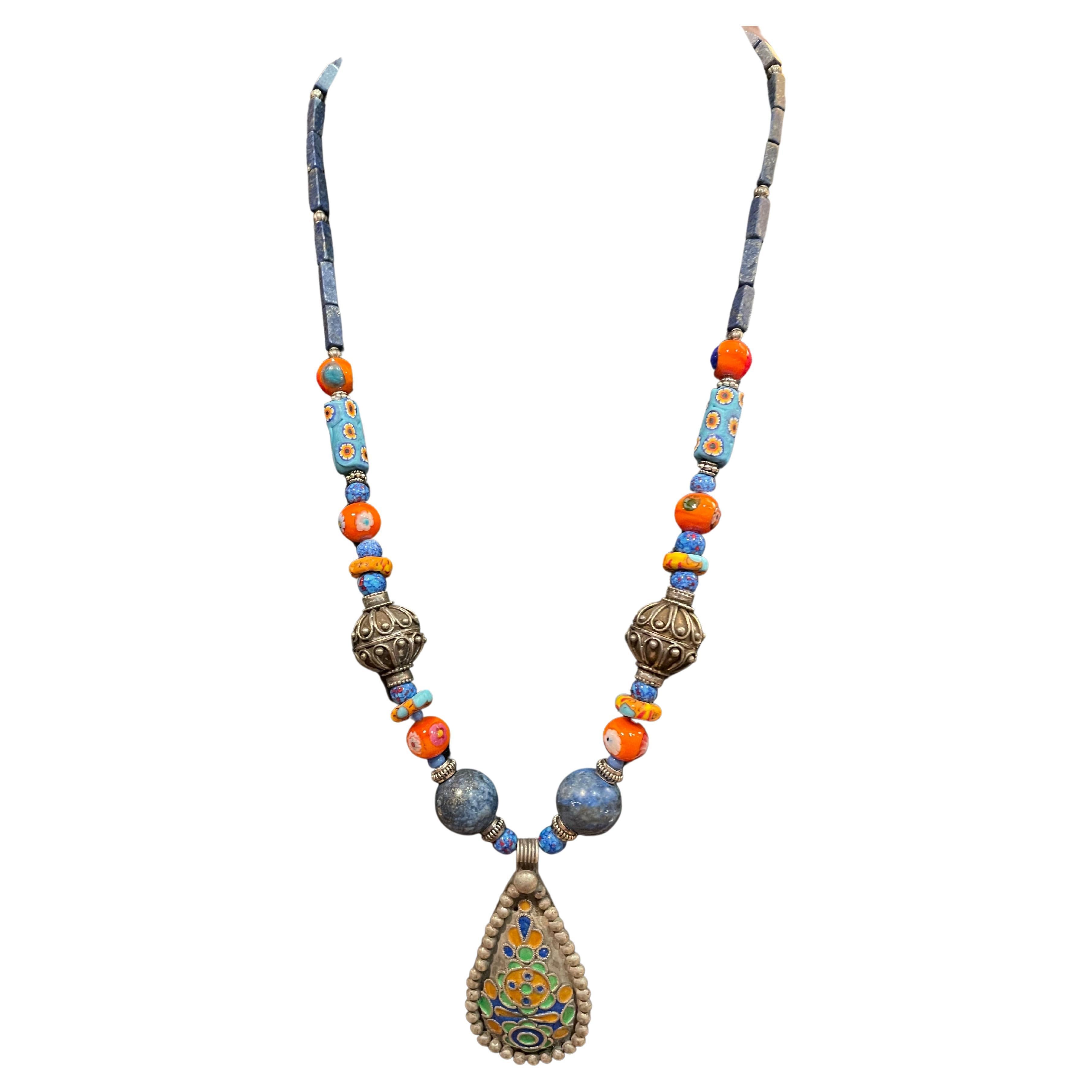 LB offers an antique Moroccan, enamel pendant with lapis /silver beads necklace For Sale
