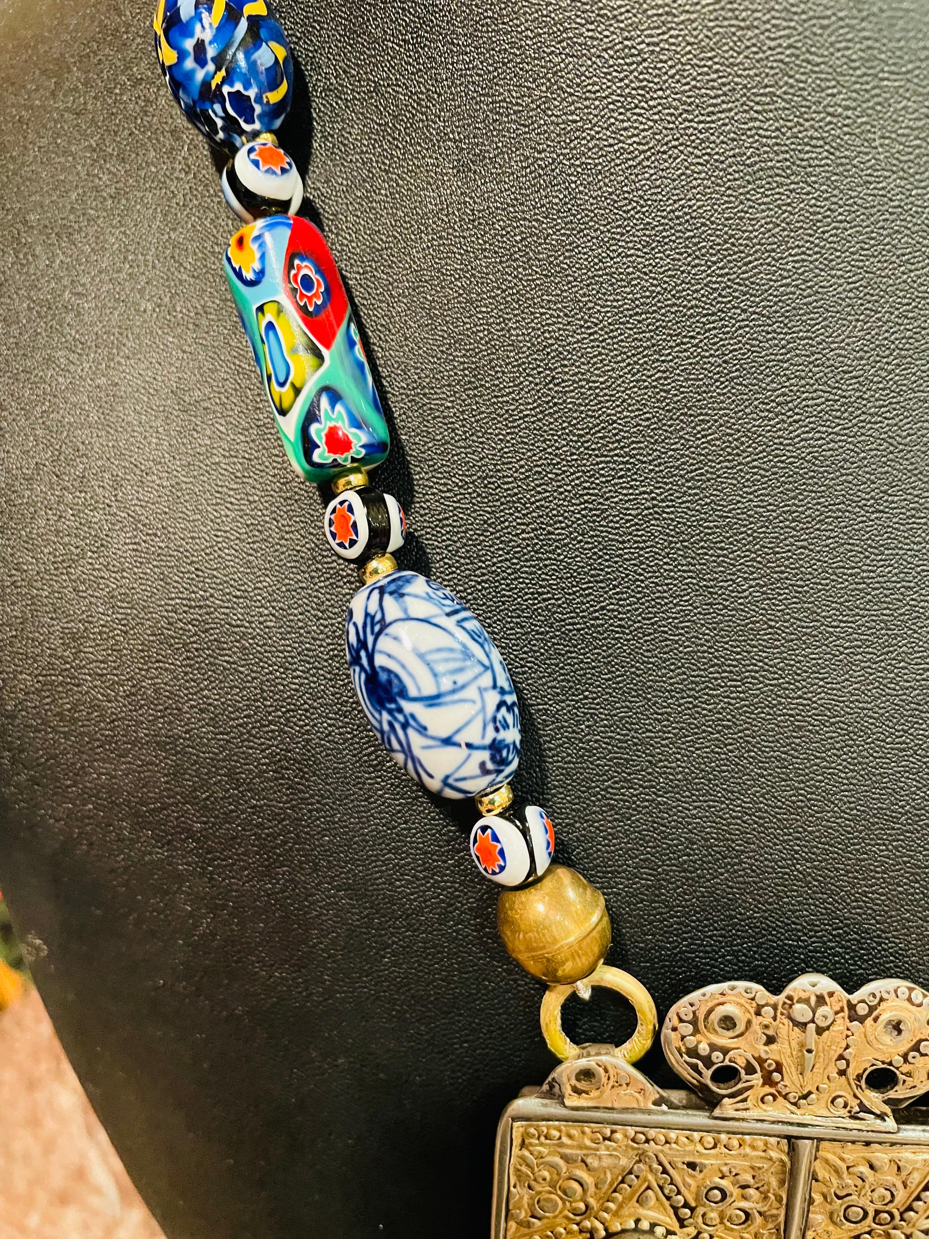 Artisan LB offers Antique Sterling Silver, Lapis, Tibetan pendant, Murano glass necklace For Sale