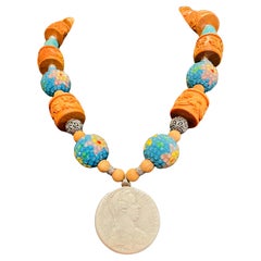 Antique LB offers Austro-Hungarian Silver Coin Carved wood Beaded Balls SS Blue Necklace