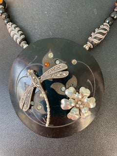 LB offers Bakelite Buckle sterling marcasite  charms vintage glass Onyx necklace