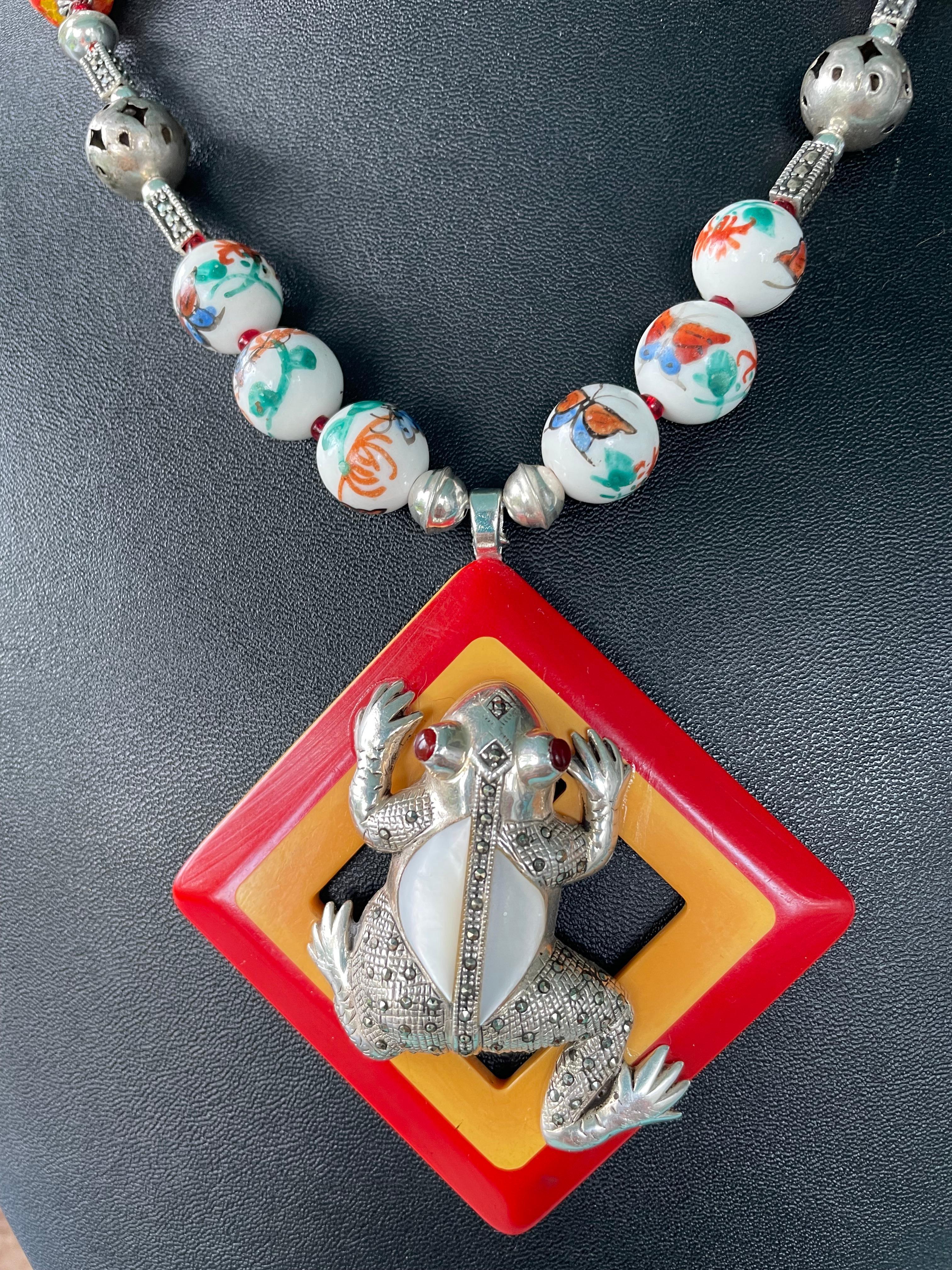 Artisan LB offers Bakelite Buckle Sterling MOP Frog Chinese beads Tribal beads Necklace For Sale