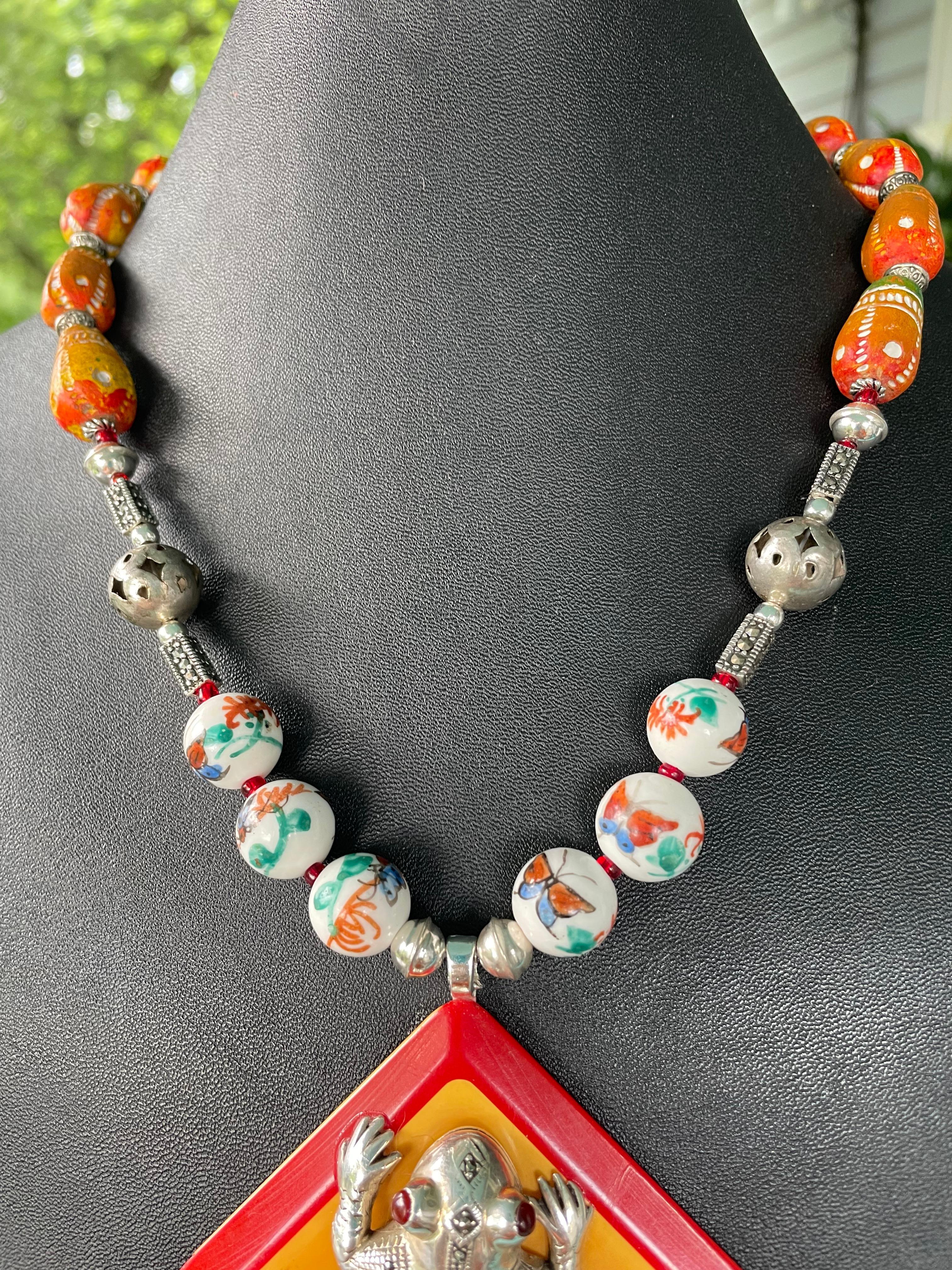 Brilliant Cut LB offers Bakelite Buckle Sterling MOP Frog Chinese beads Tribal beads Necklace For Sale