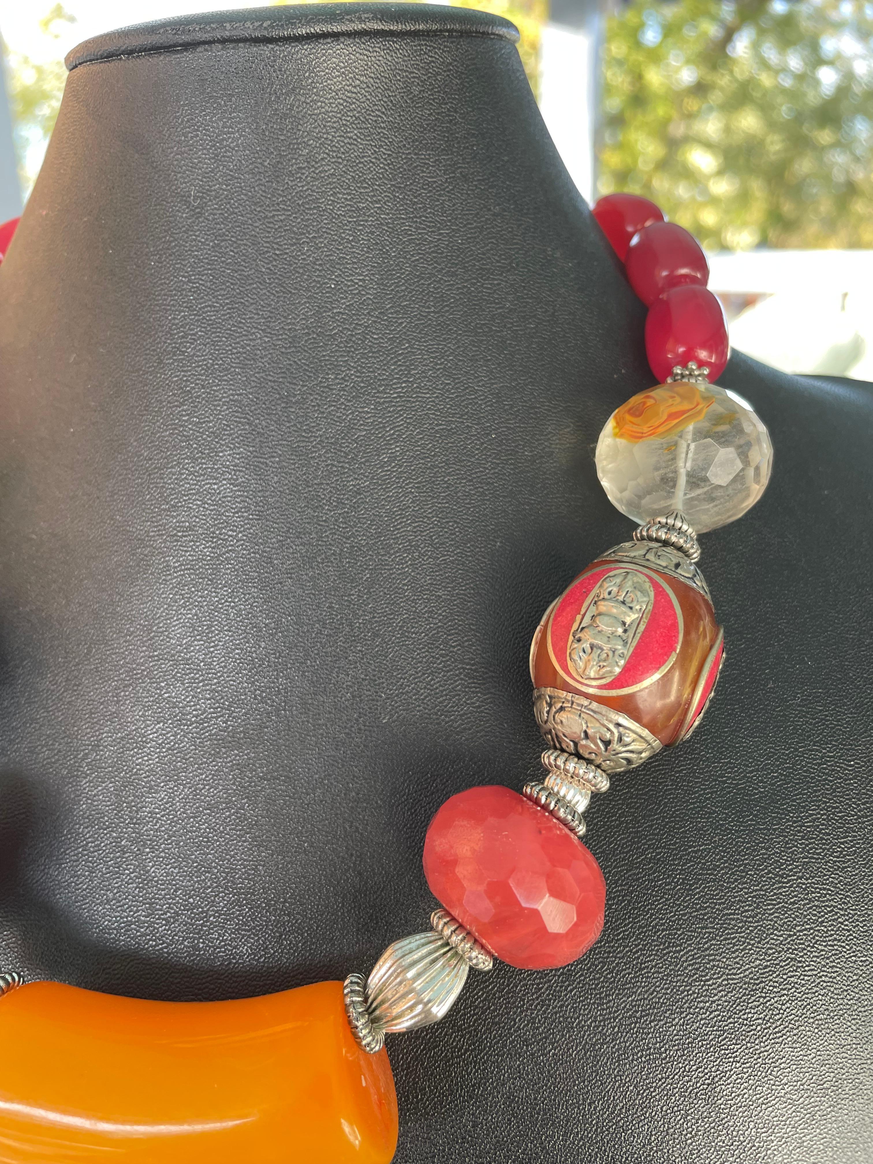 LB offers Bakelite Faceted Quartz Tibetan Amber Carnelian Sterling Necklace For Sale 4
