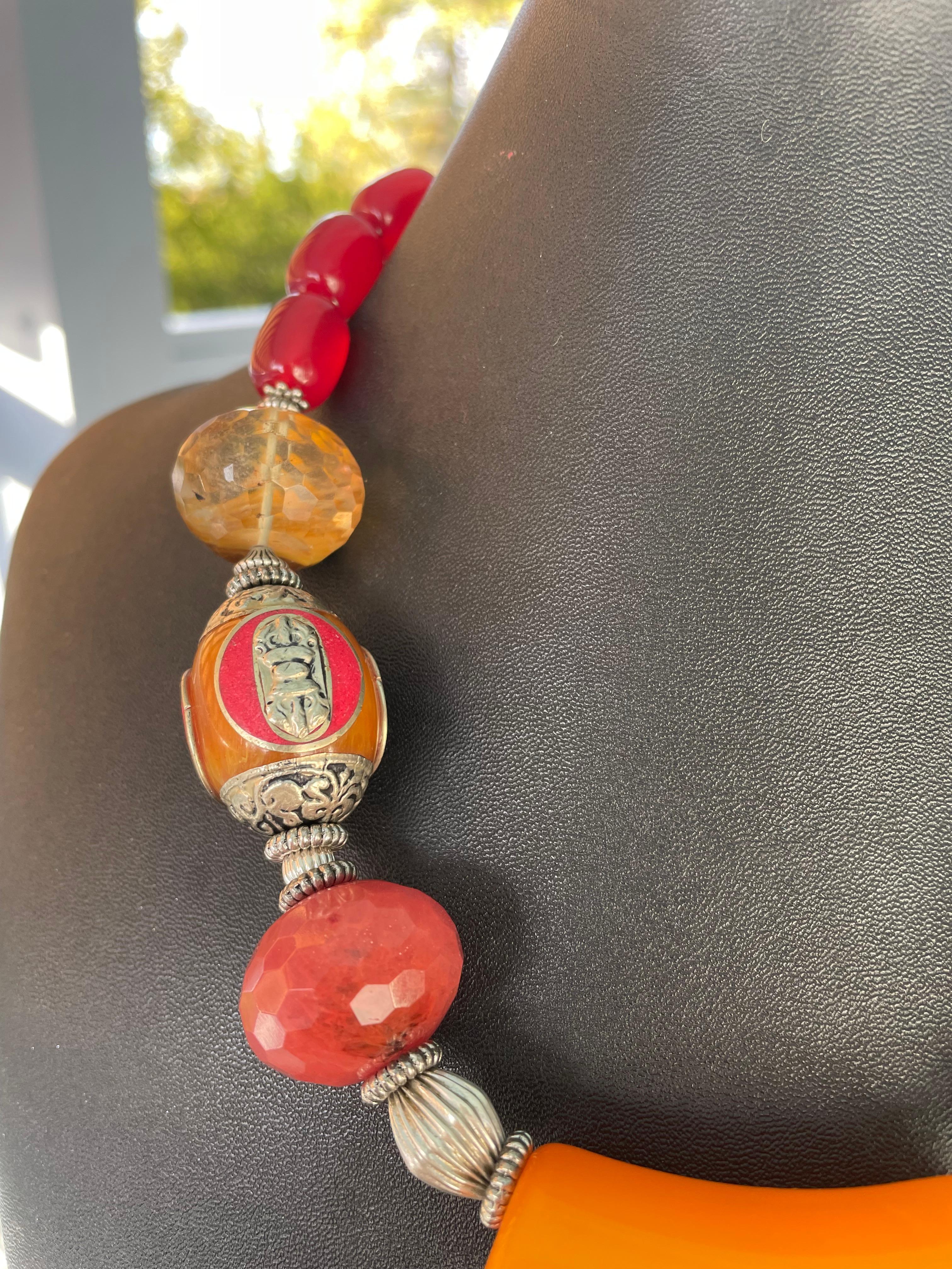 Artisan LB offers Bakelite Faceted Quartz Tibetan Amber Carnelian Sterling Necklace For Sale