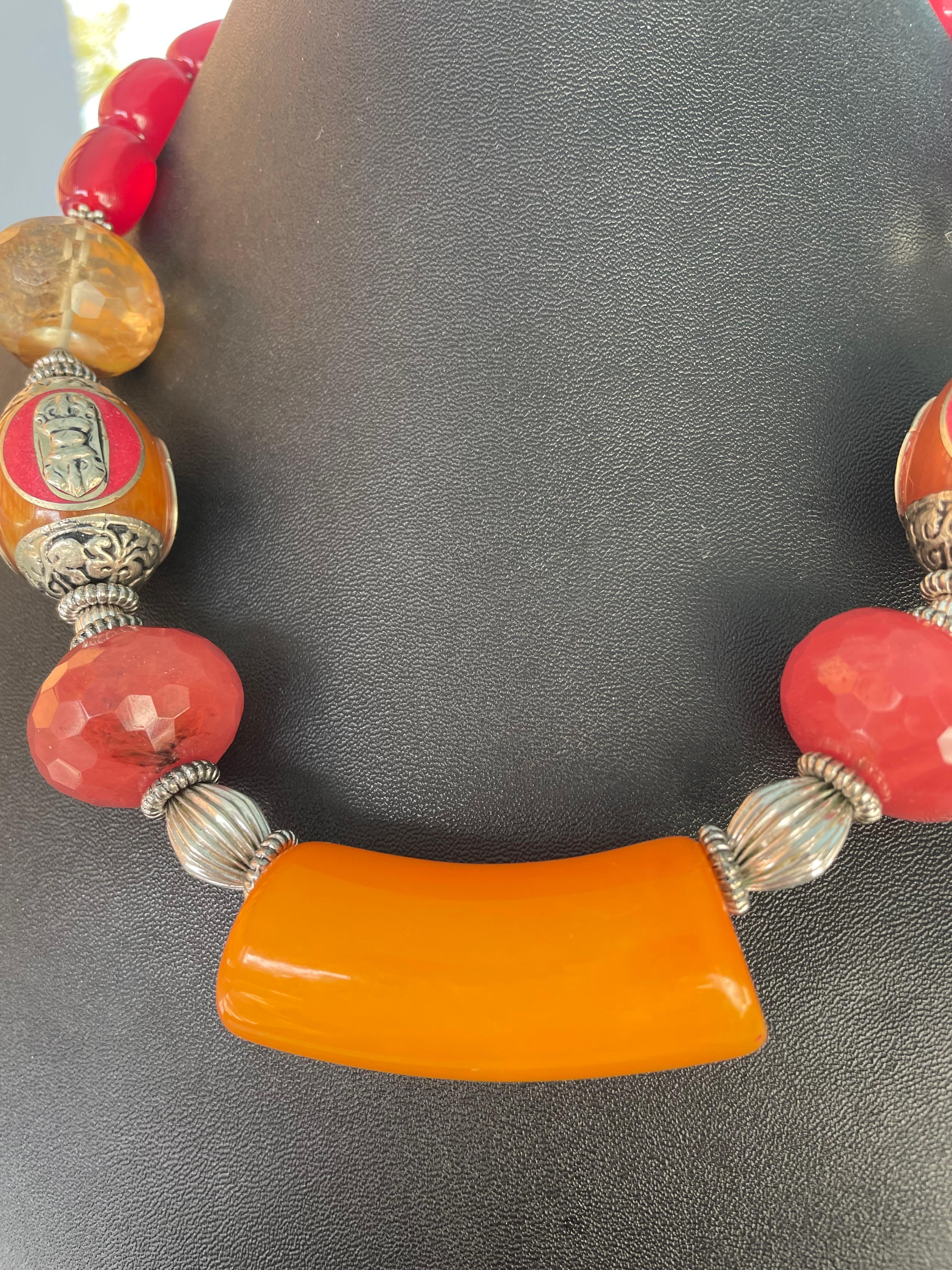 LB offers Bakelite Faceted Quartz Tibetan Amber Carnelian Sterling Necklace For Sale 1