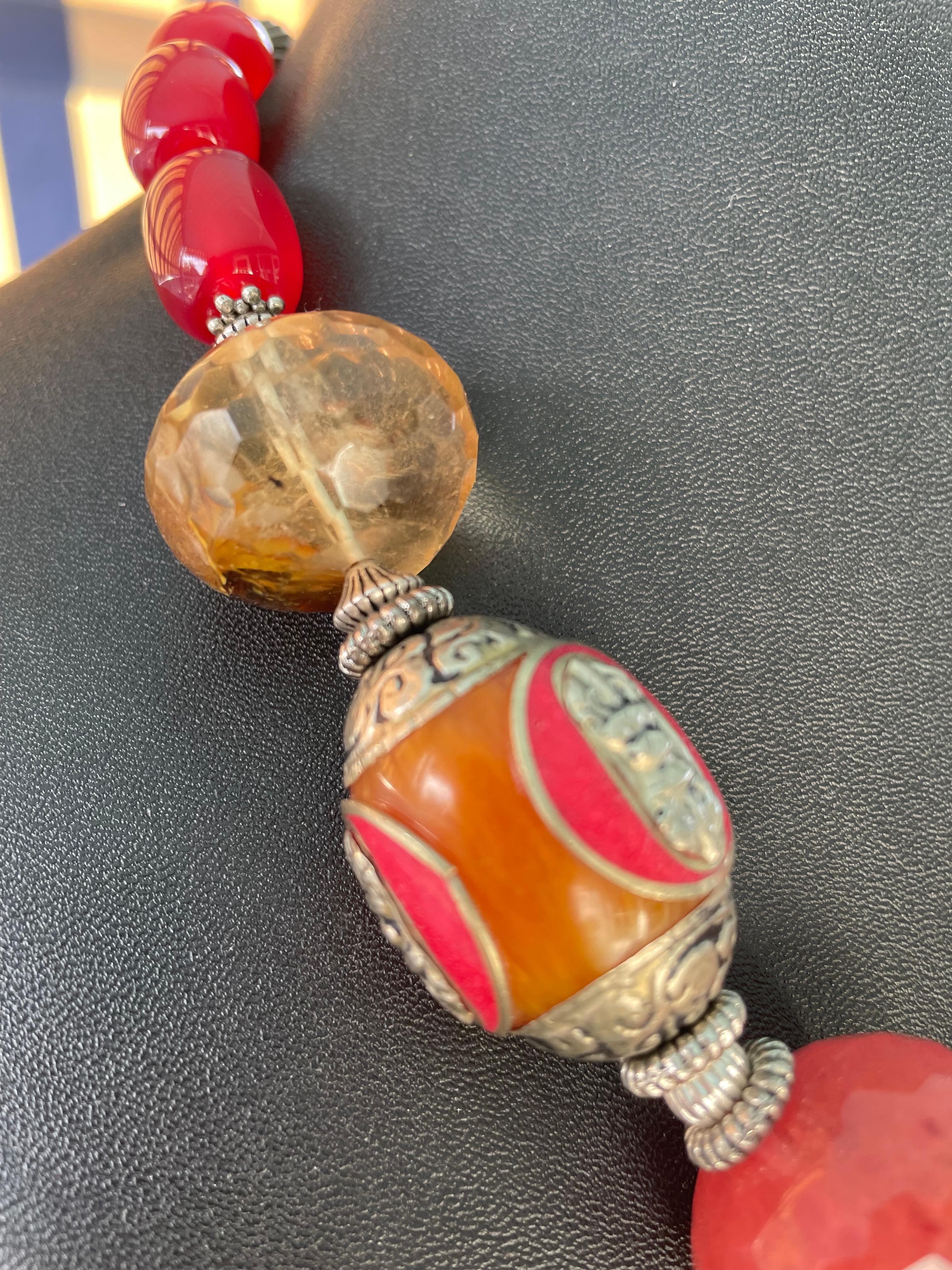 LB offers Bakelite Faceted Quartz Tibetan Amber Carnelian Sterling Necklace For Sale 2