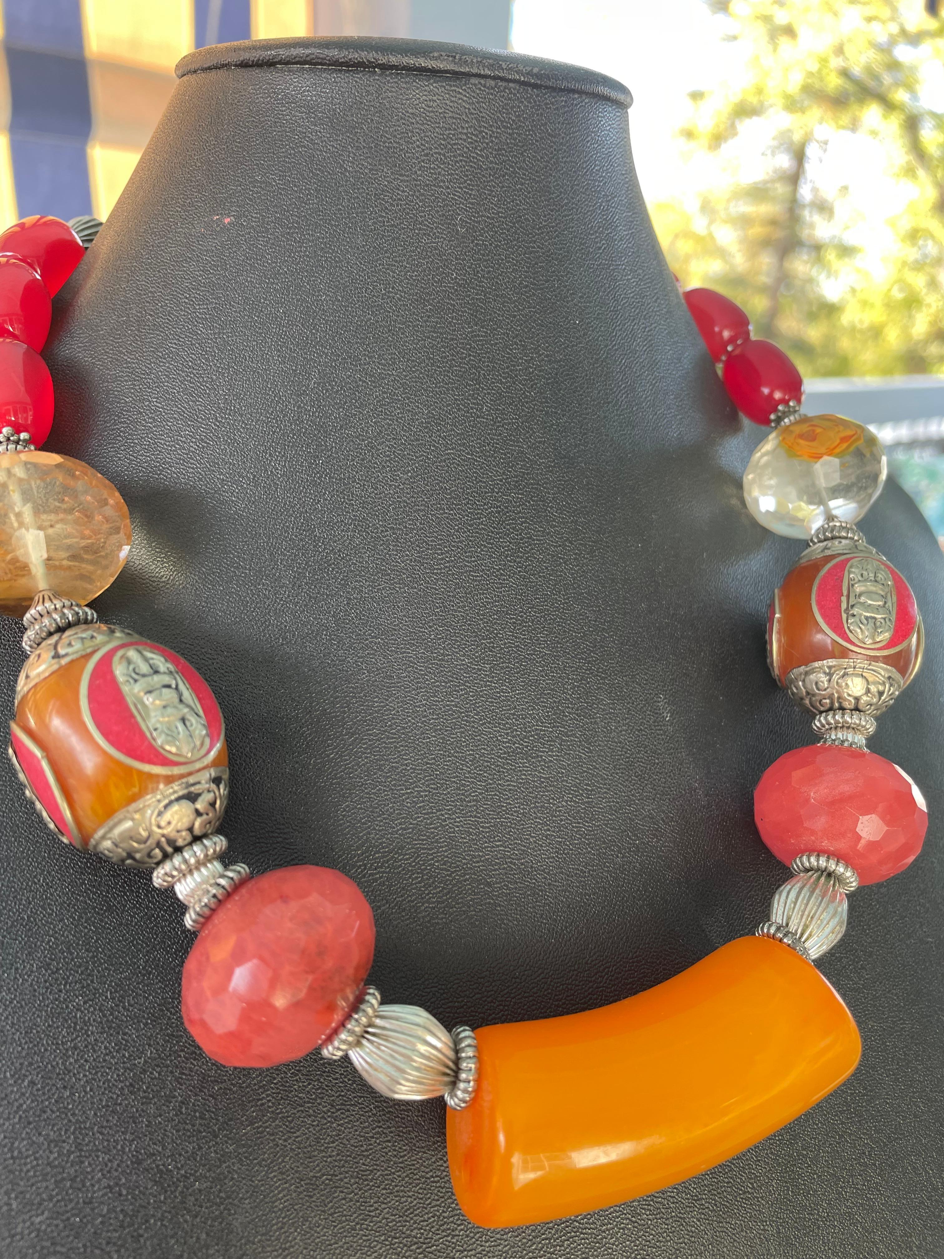 LB offers Bakelite Faceted Quartz Tibetan Amber Carnelian Sterling Necklace For Sale 3