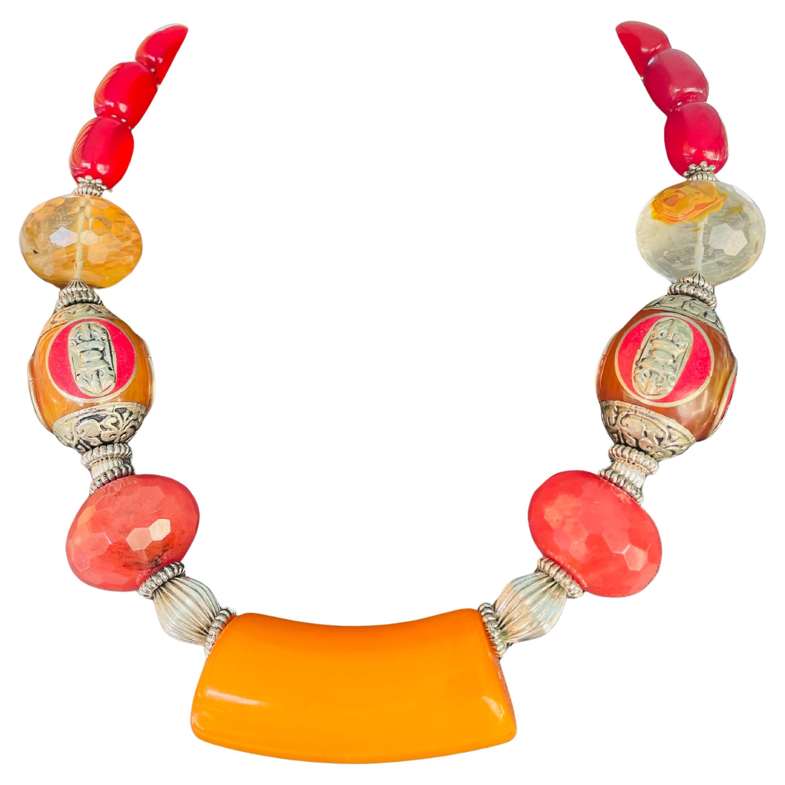 LB offers Bakelite Faceted Quartz Tibetan Amber Carnelian Sterling Necklace For Sale