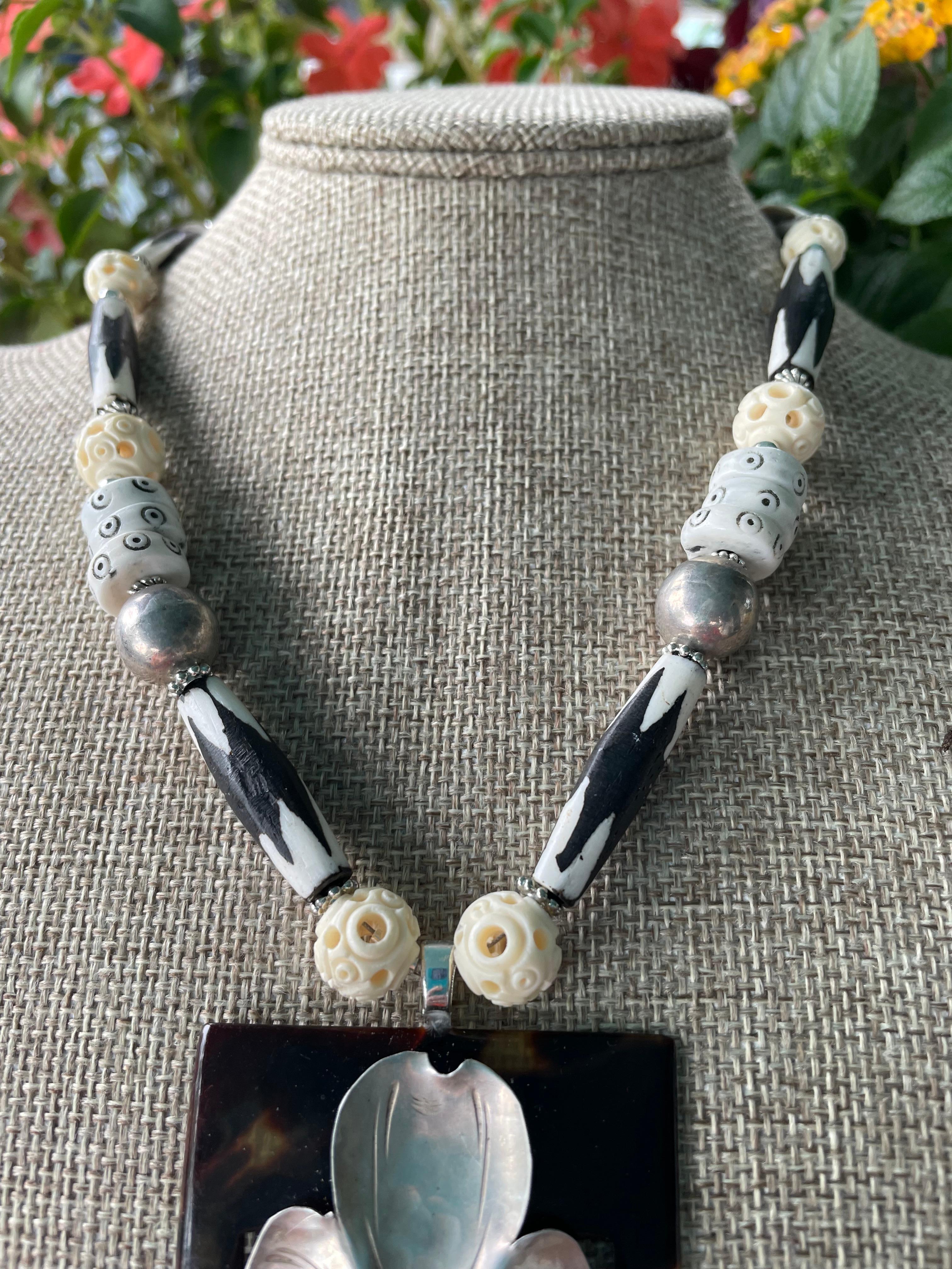 Art Deco LB offers Bakelite Vintage Sterling Floral Brooch African Bone Ceramic Necklace For Sale