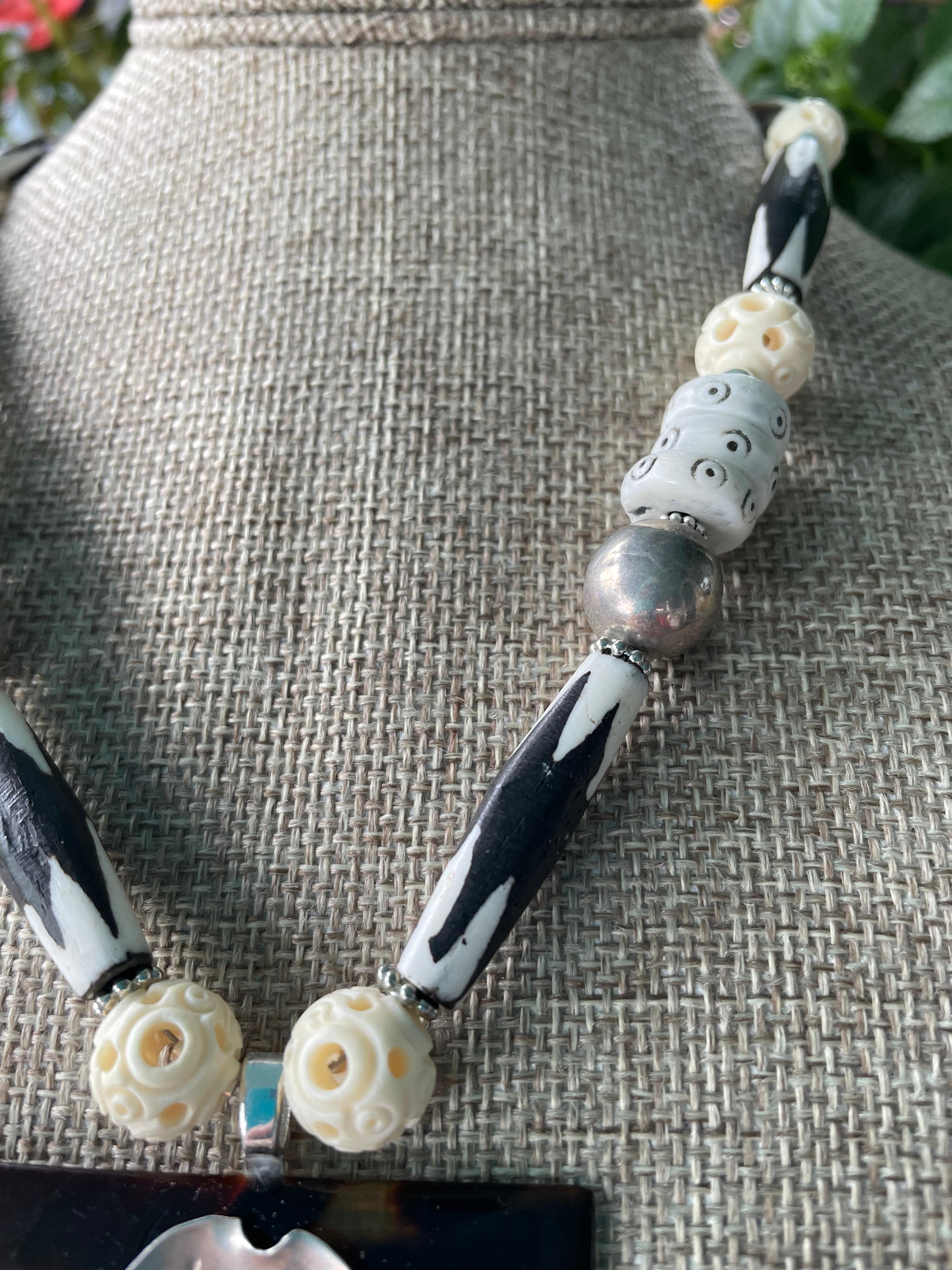 Women's or Men's LB offers Bakelite Vintage Sterling Floral Brooch African Bone Ceramic Necklace For Sale