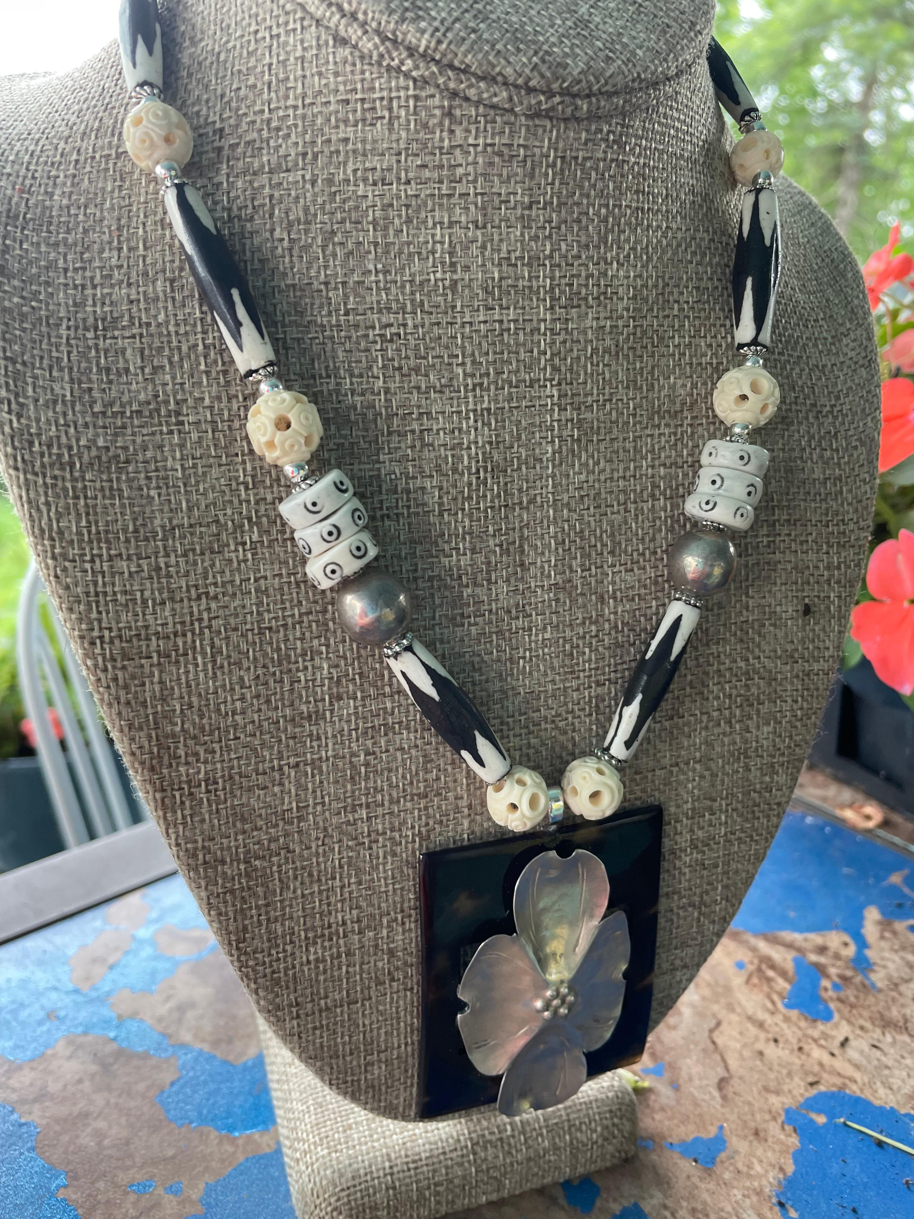 LB offers Bakelite Vintage Sterling Floral Brooch African Bone Ceramic Necklace For Sale 2