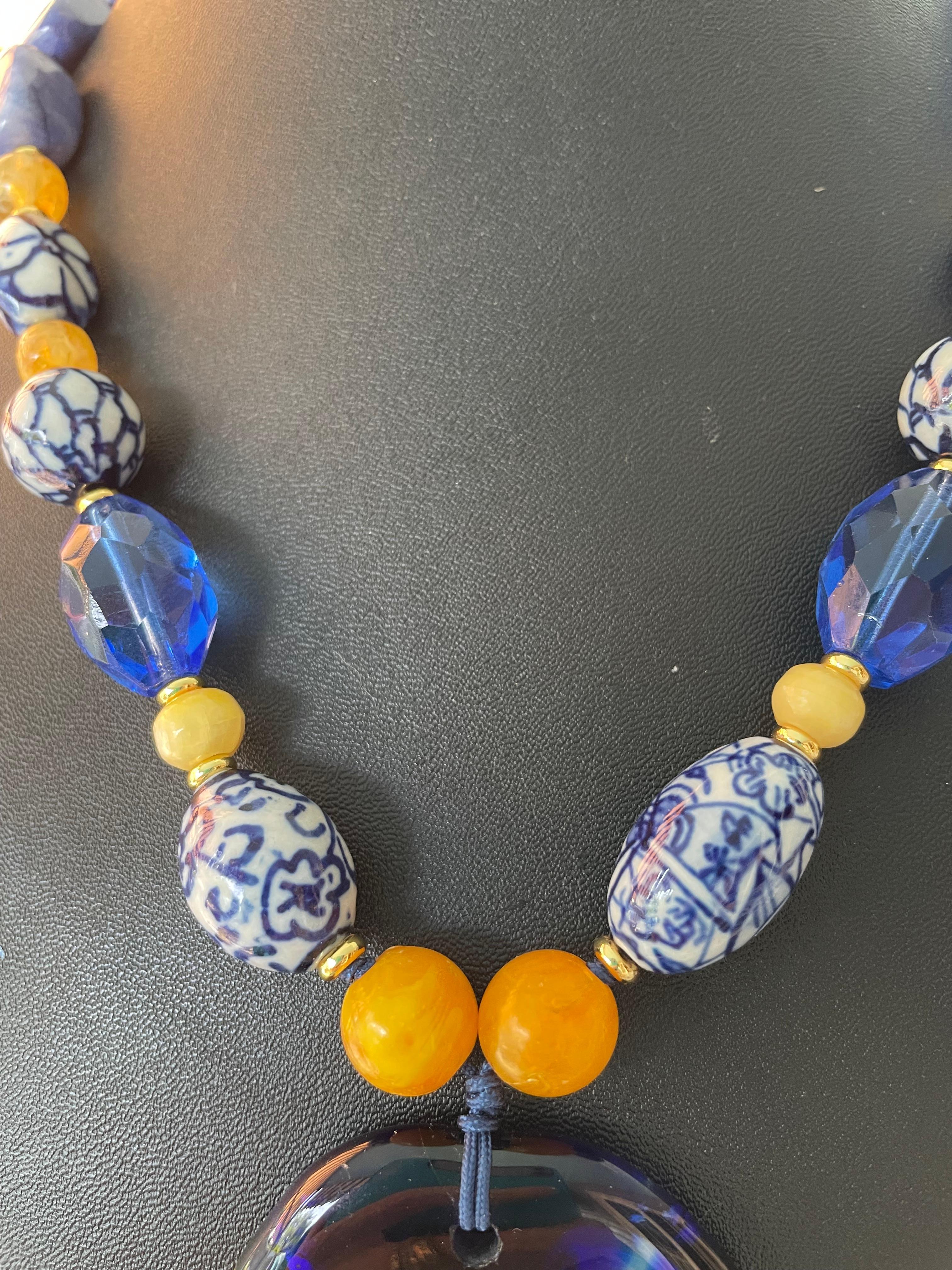 Artisan LB offers Blown French glass Delft Vintage Crystal Lapis Amber Resin Necklace For Sale