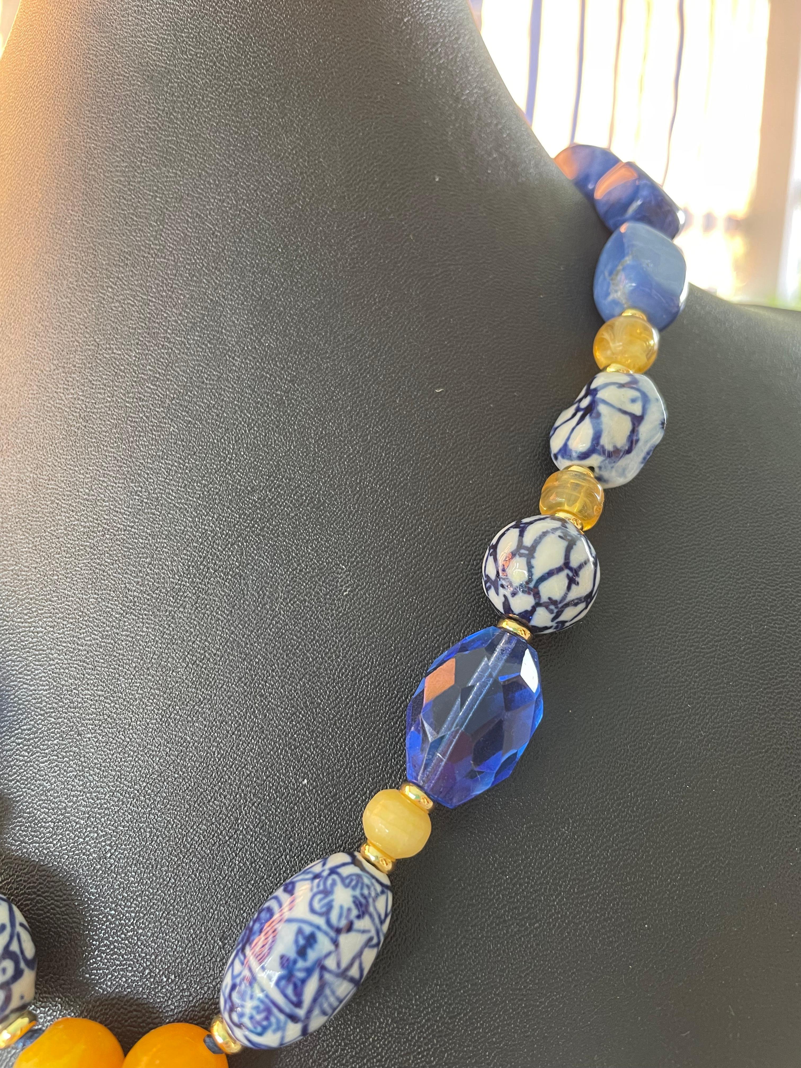 Bead LB offers Blown French glass Delft Vintage Crystal Lapis Amber Resin Necklace For Sale