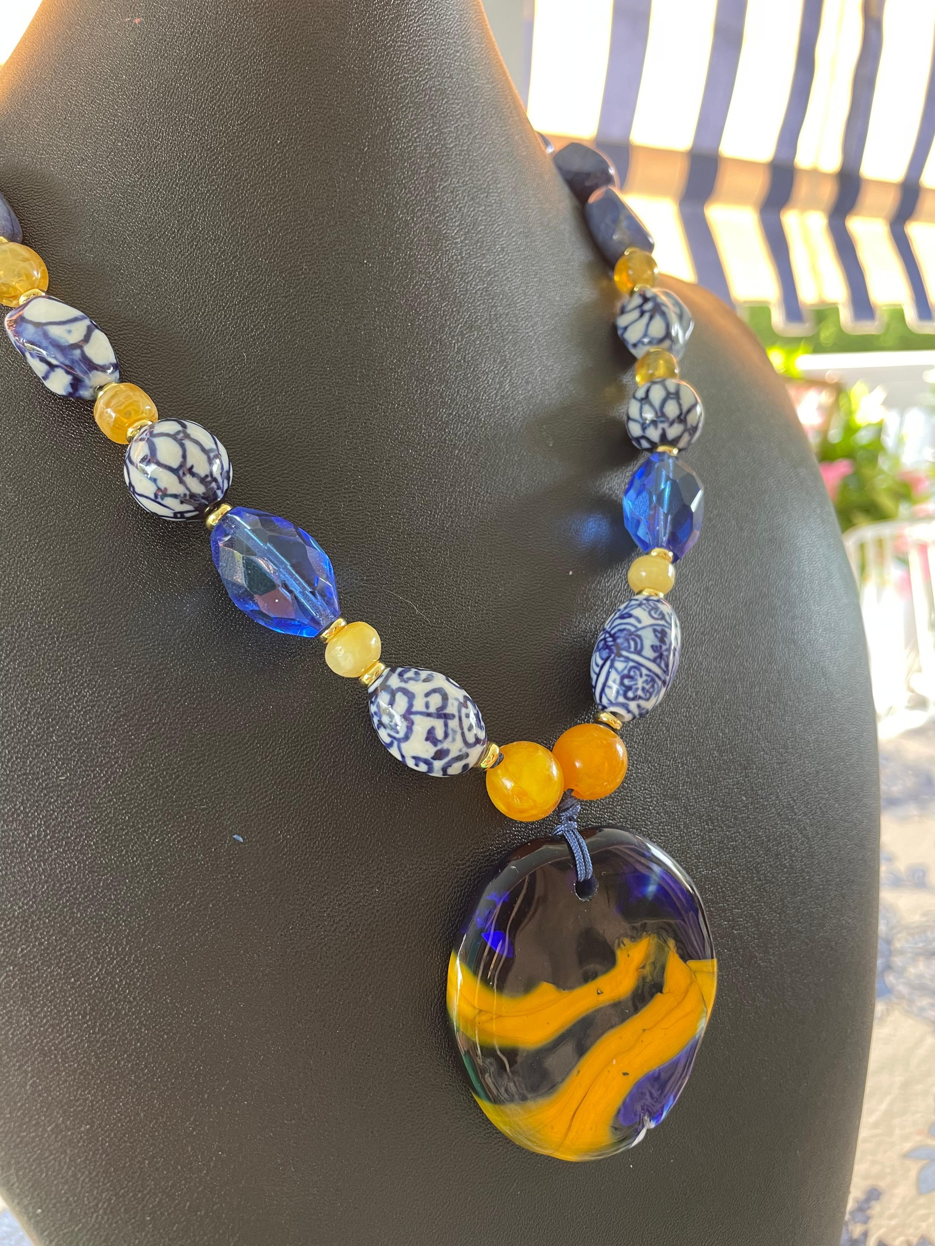 LB offers Blown French glass Delft Vintage Crystal Lapis Amber Resin Necklace For Sale 1