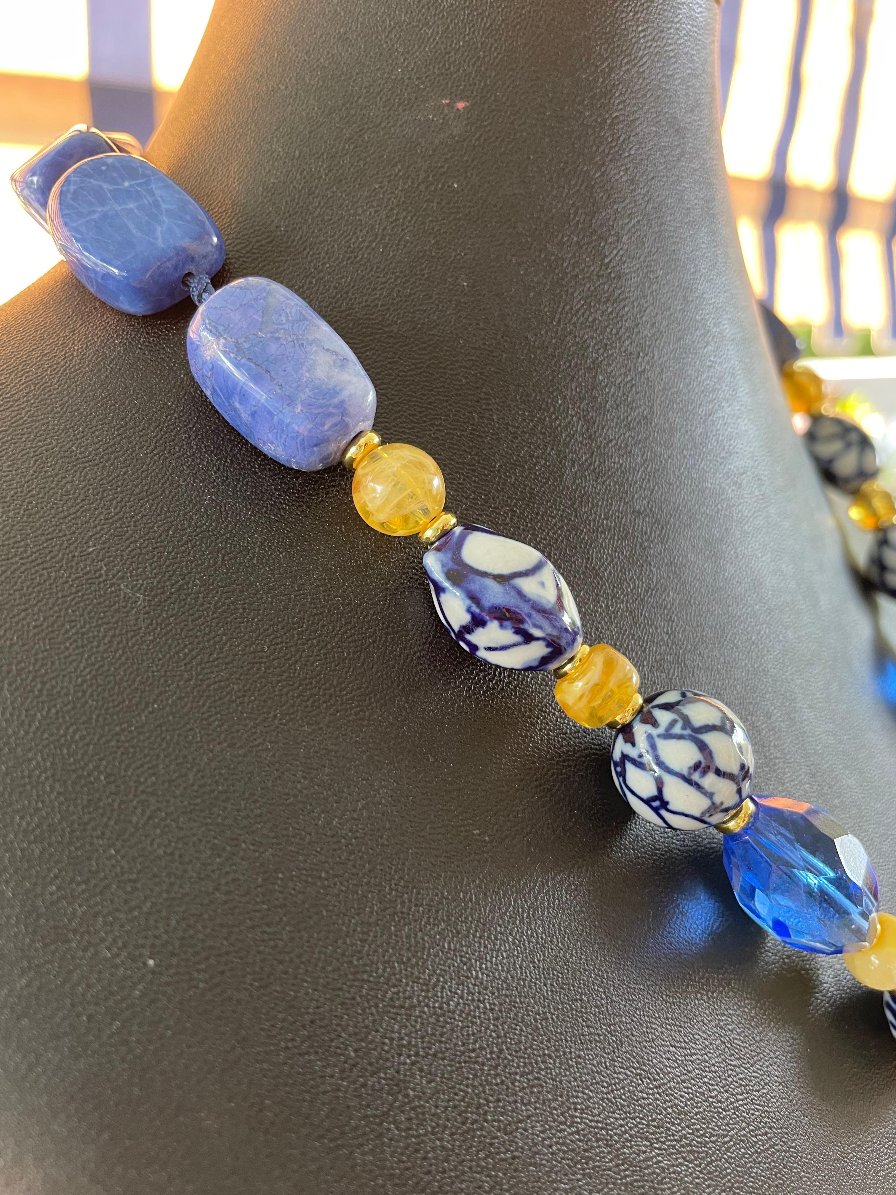 LB offers Blown French glass Delft Vintage Crystal Lapis Amber Resin Necklace For Sale 2