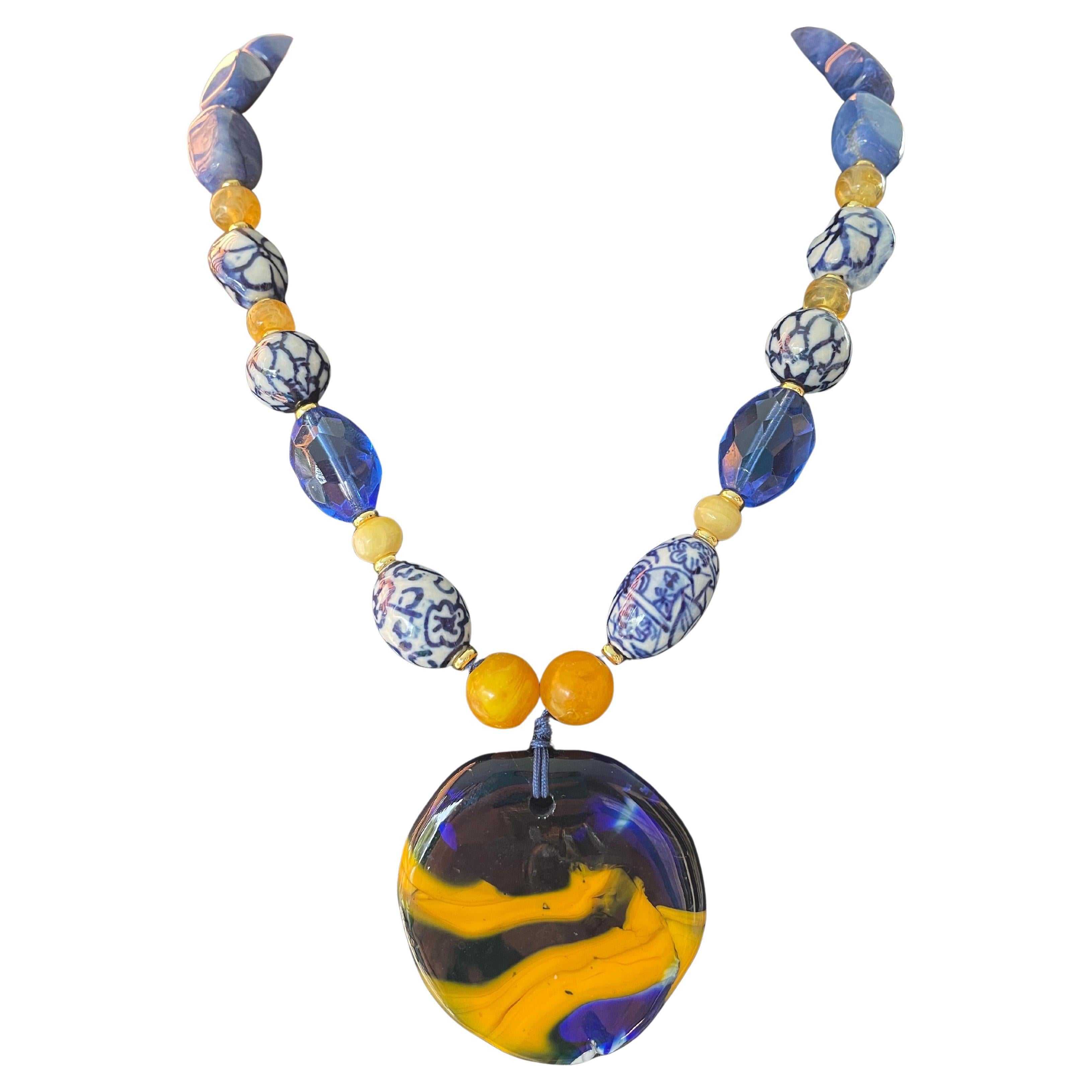 LB offers Blown French glass Delft Vintage Crystal Lapis Amber Resin Necklace For Sale