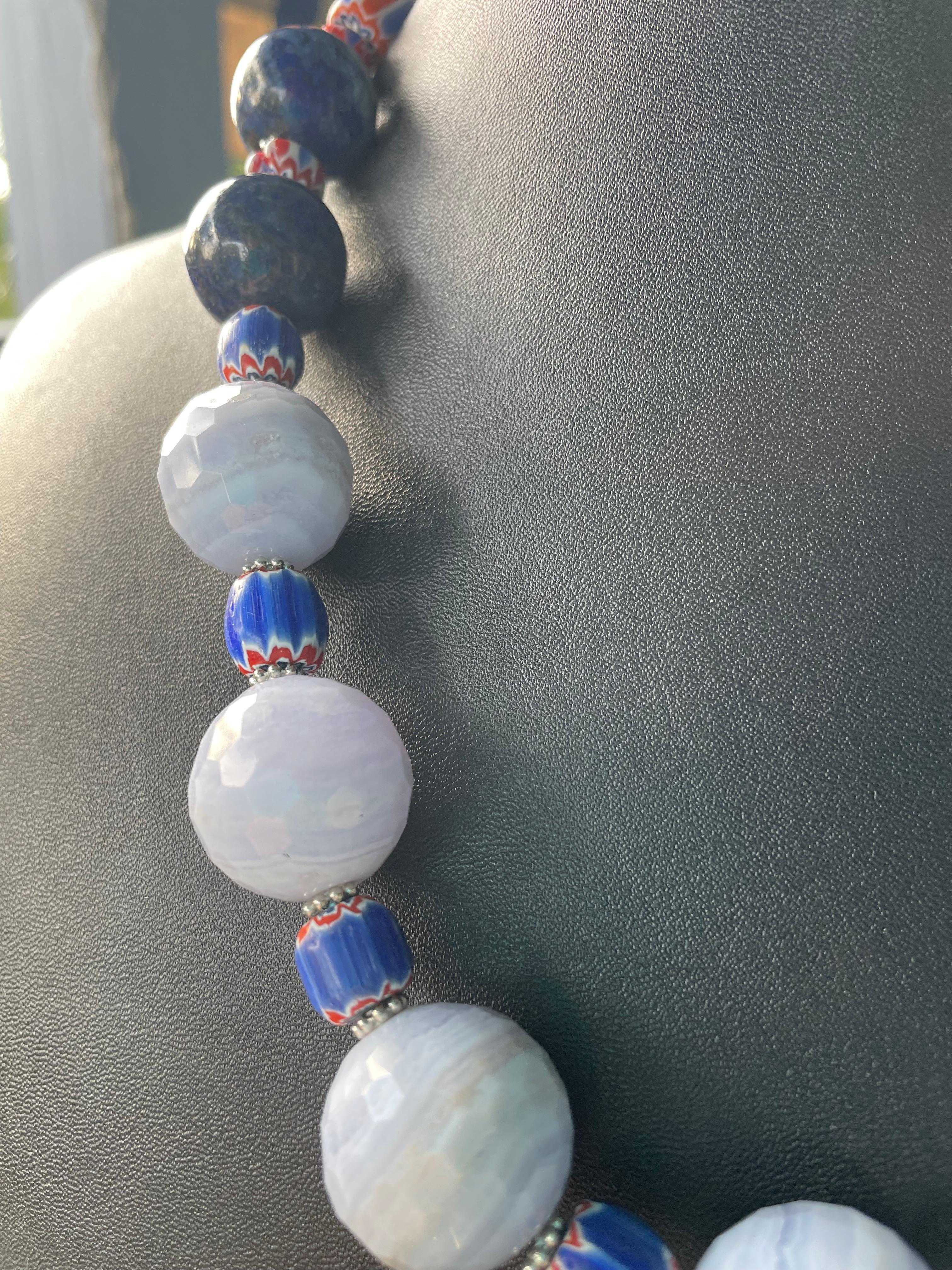 Bead LB offers Blue Lace Agate Lapis Lazuli Venetian trade beads Sterling necklace For Sale