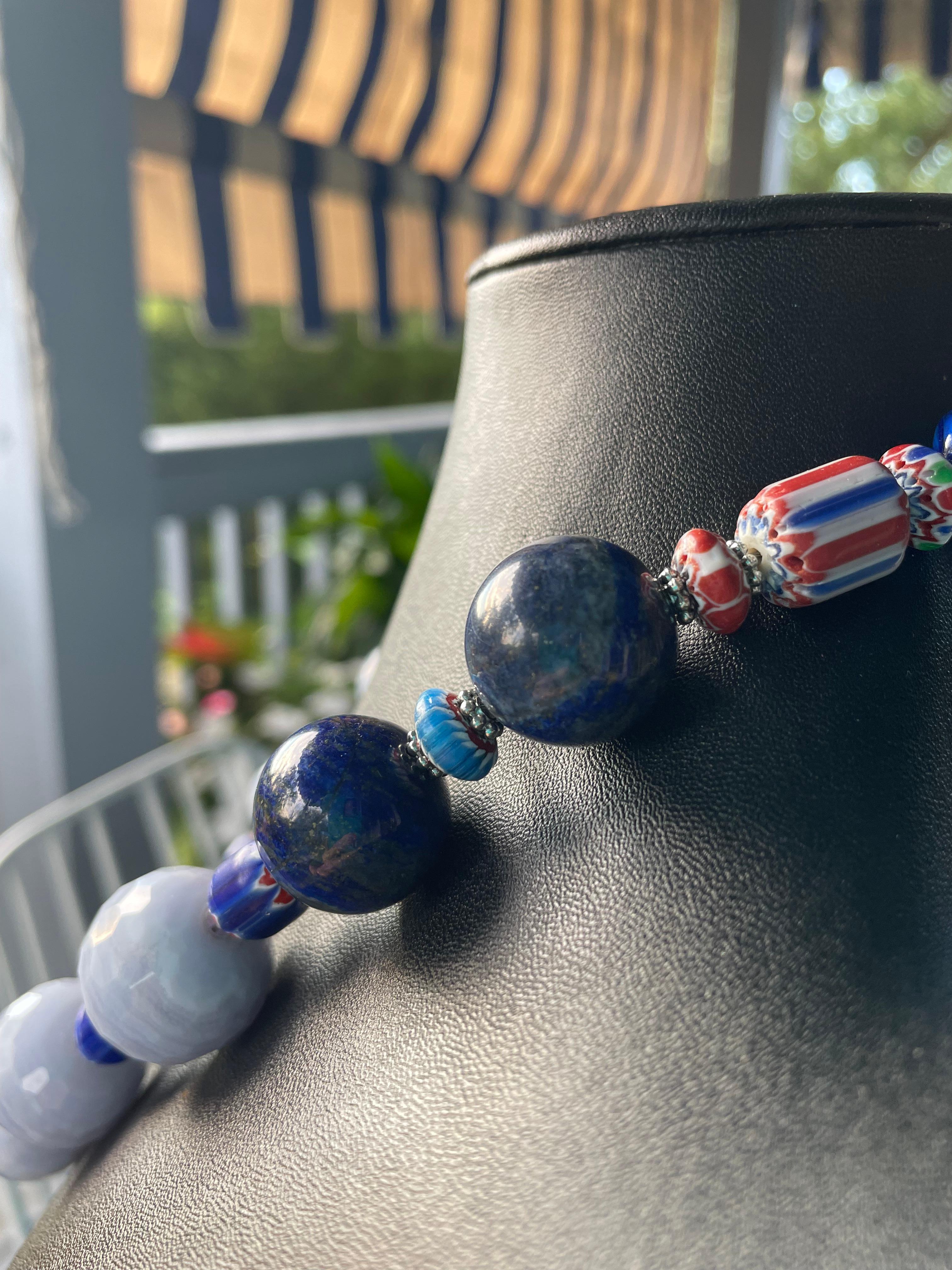 LB offers Blue Lace Agate Lapis Lazuli Venetian trade beads Sterling necklace In New Condition For Sale In Pittsburgh, PA