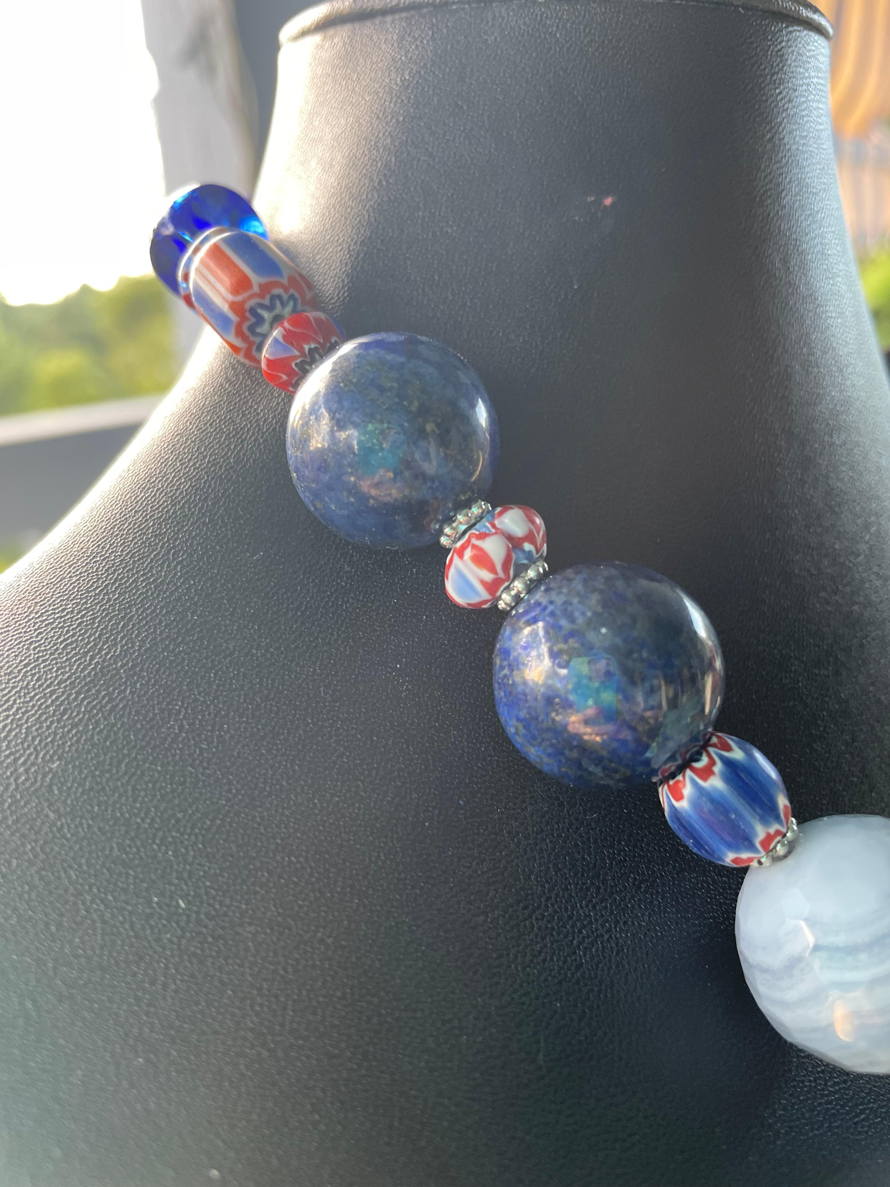 Women's or Men's LB offers Blue Lace Agate Lapis Lazuli Venetian trade beads Sterling necklace For Sale