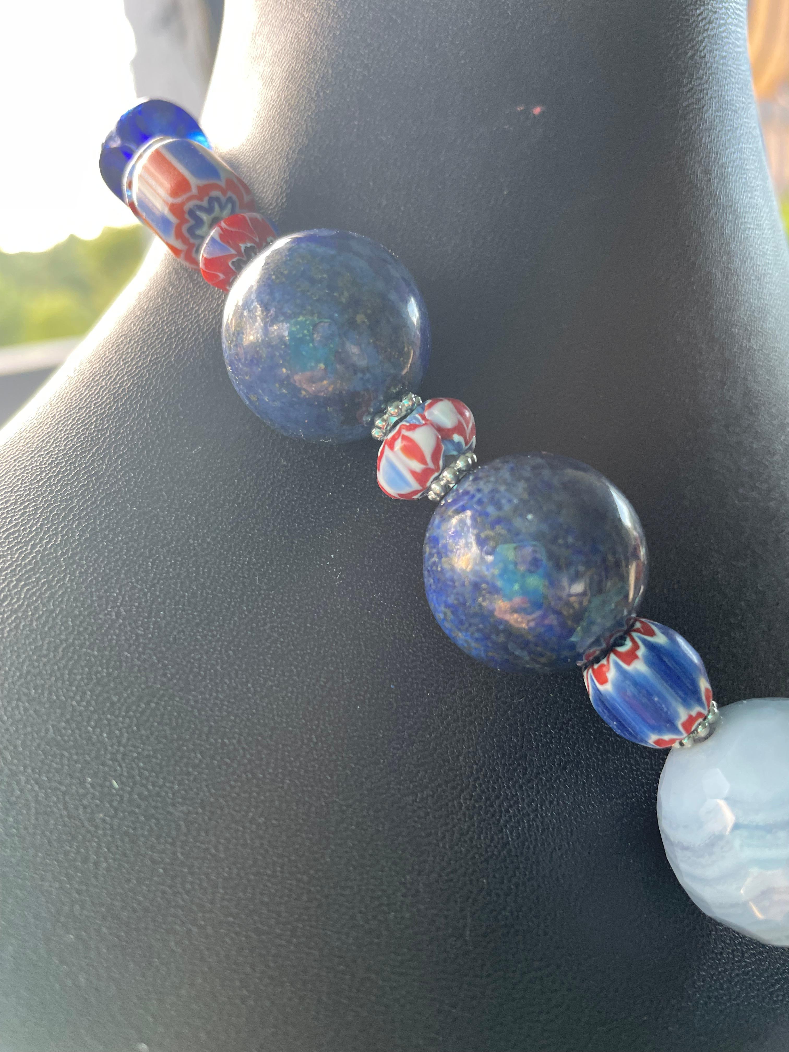 LB offers Blue Lace Agate Lapis Lazuli Venetian trade beads Sterling necklace For Sale 1