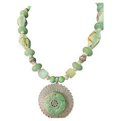 LB offers Carved Chinese Jade Sterling Marcasite vintage glass jade necklace