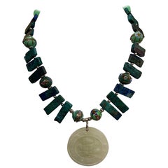 LB offers Carved Chinese stone pendant Azurite Venetian Glass Necklace