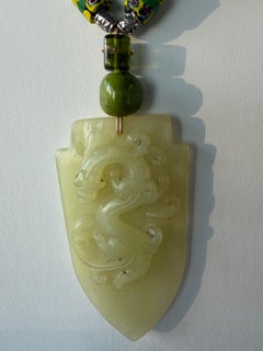 LB offers Carved Chinese Stone Pendant Venetian glass Resin OOAK necklace