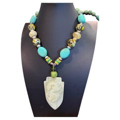 LB offers Carved Chinese Stone Pendant Venetian glass Resin OOAK necklace