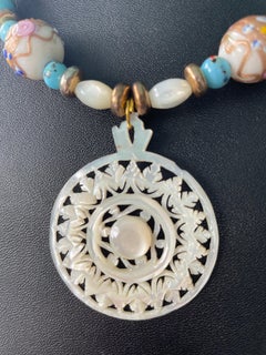 LB offers Carved MOP vintage pendant Venetian glass opaline glass Necklace