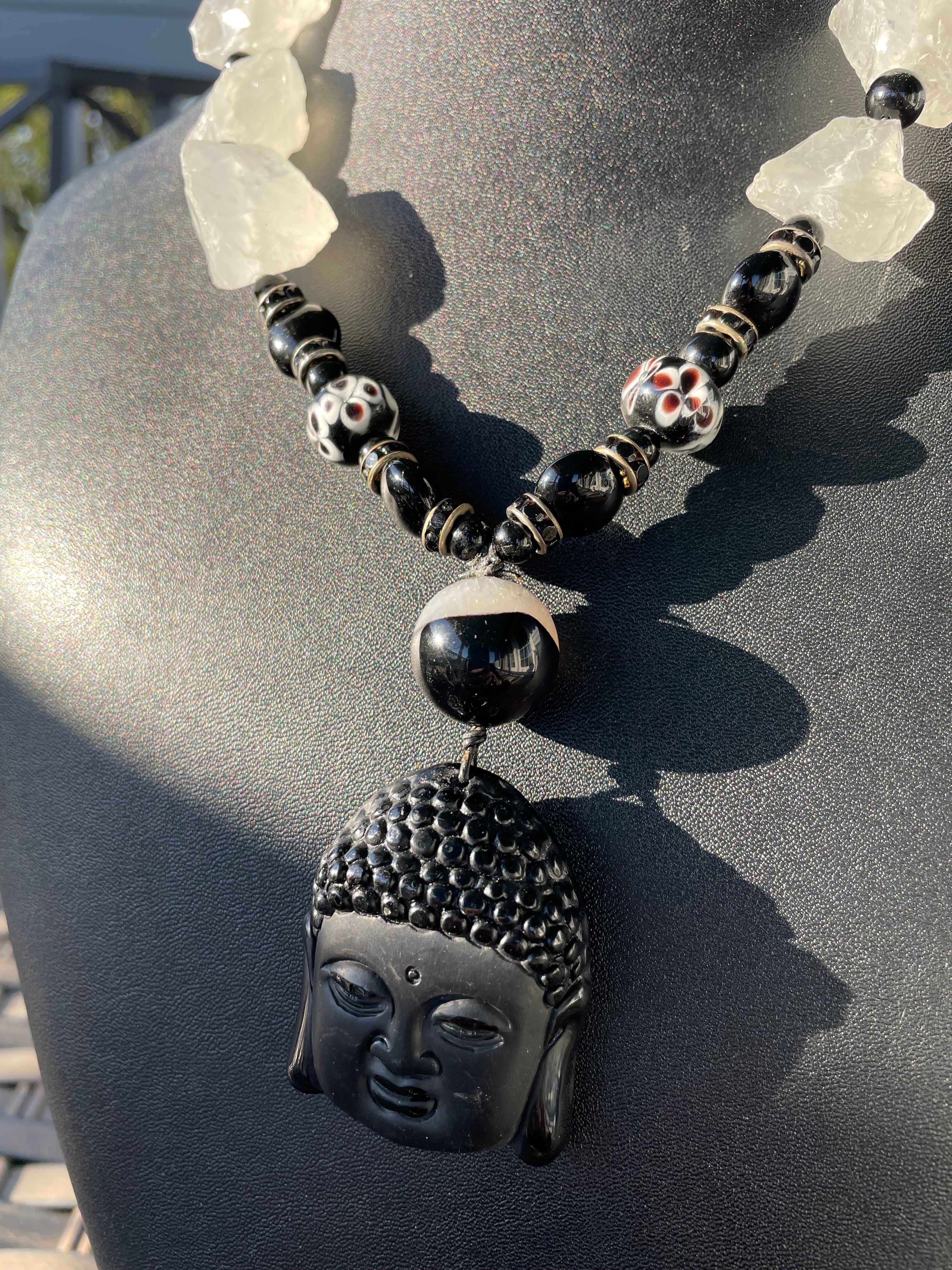 Artisan LB offers Carved Onyx Buddha pendant Rock Quartz Vintage Glass Onyx Necklace For Sale