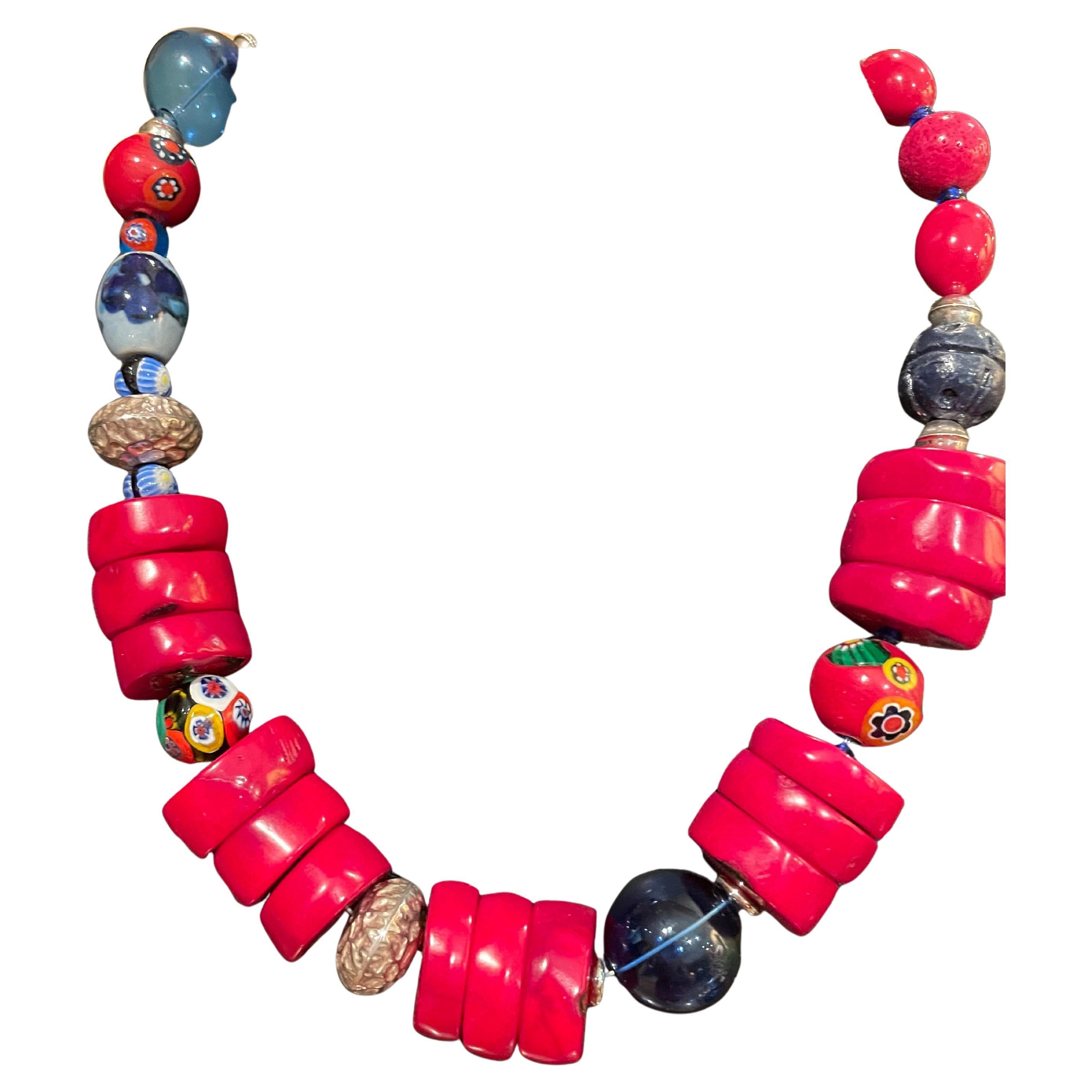 LB offers Chinese Coral Blown Glass Flow Blue Venetian glass Silver Necklace