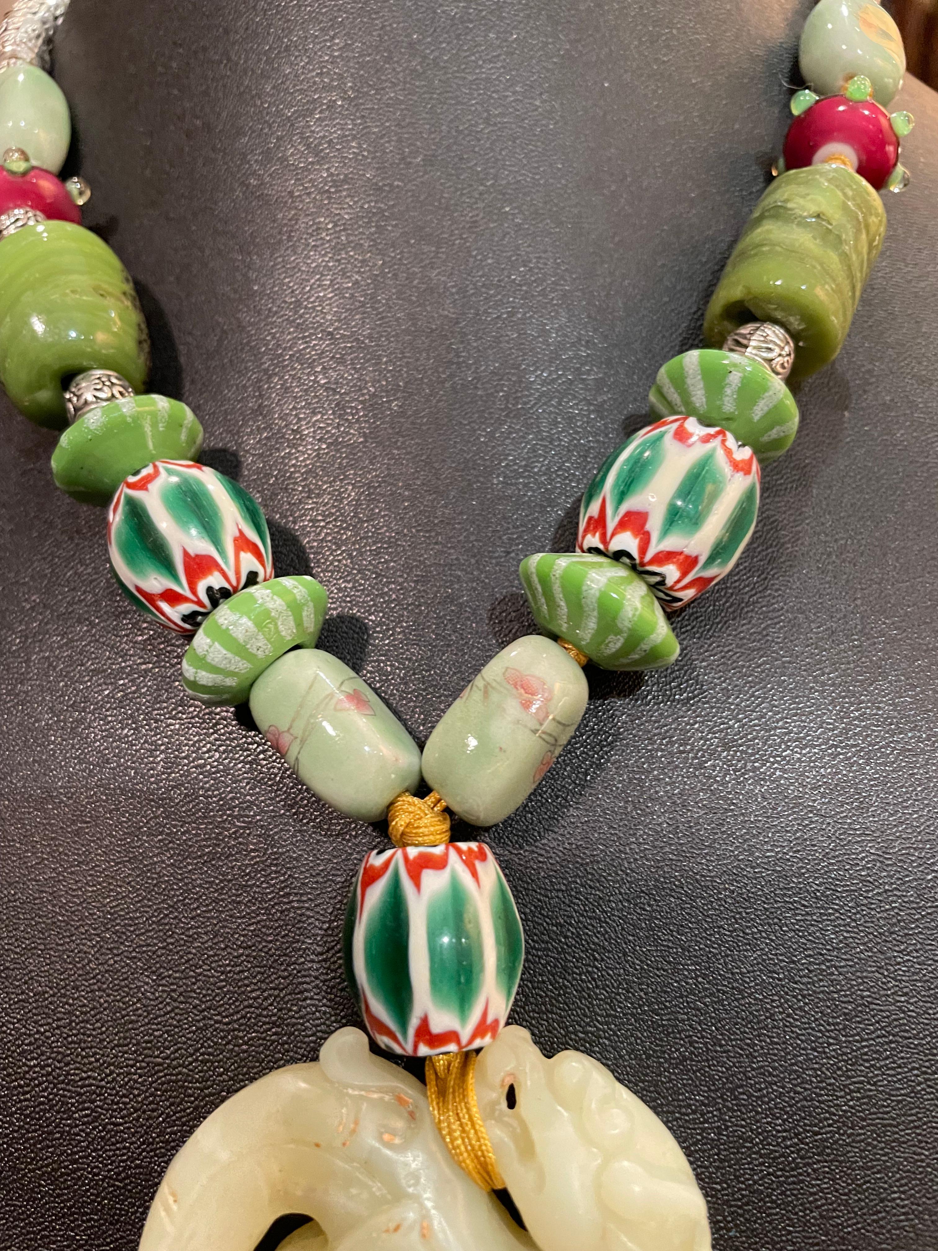 Artisan LB offers Chinese Jade Carved Dragon pendant Venetian glass Agate Necklace