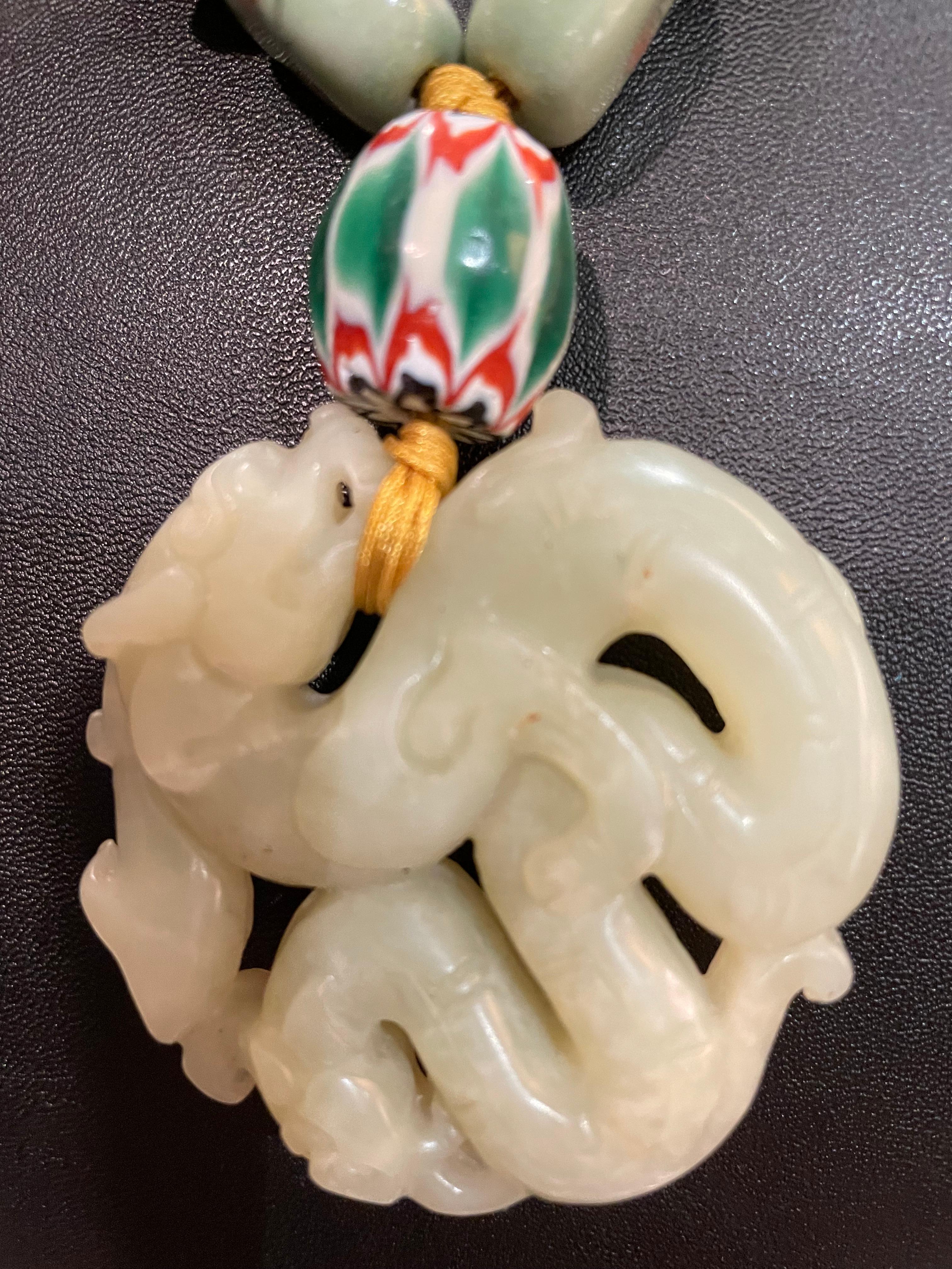 Women's or Men's LB offers Chinese Jade Carved Dragon pendant Venetian glass Agate Necklace
