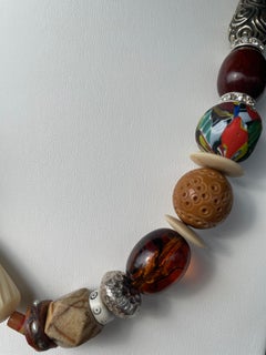 LB offers Chunky Tribal style Bone Amber Stone Venetian Wood Pit Glass Necklace