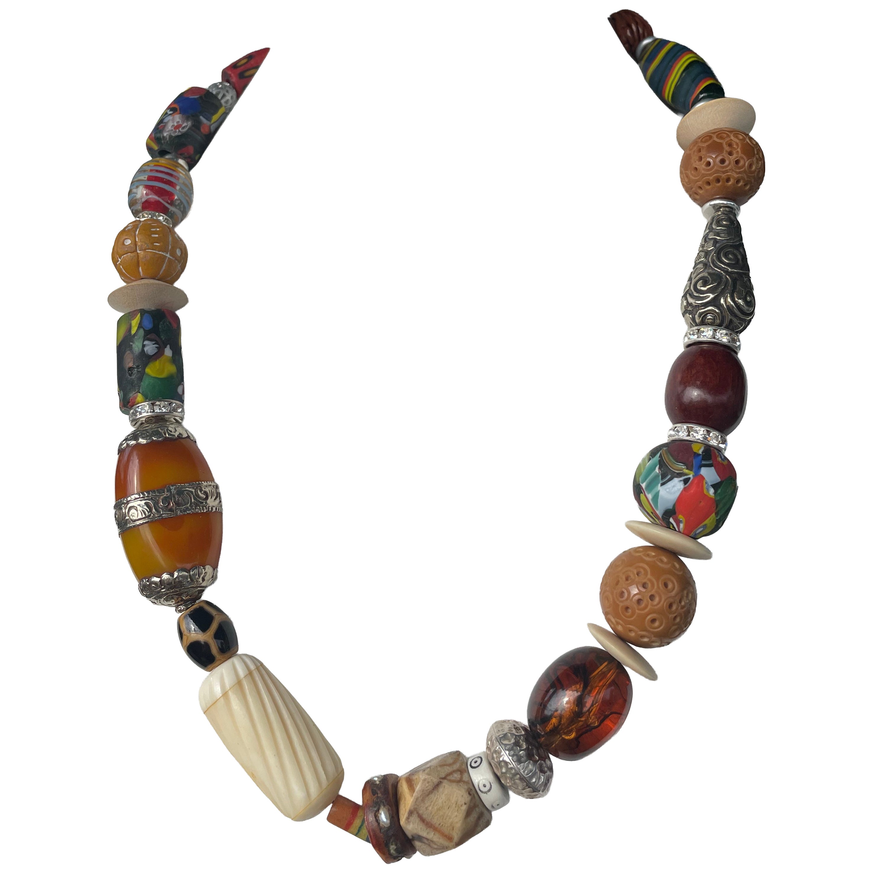 LB offers Chunky Tribal style Bone Amber Stone Venetian Wood Pit Glass Necklace