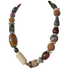 LB offers Chunky Tribal style Bone Amber Stone Venetian Wood Pit Glass Necklace