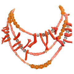 LB offers Coral Rope( red and peach) branches Vintage Crystals Stones Necklace