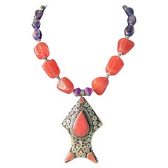 LB offers Coral Tibetan Fish pendant Pink Quartz Venetian glass Silver Necklace