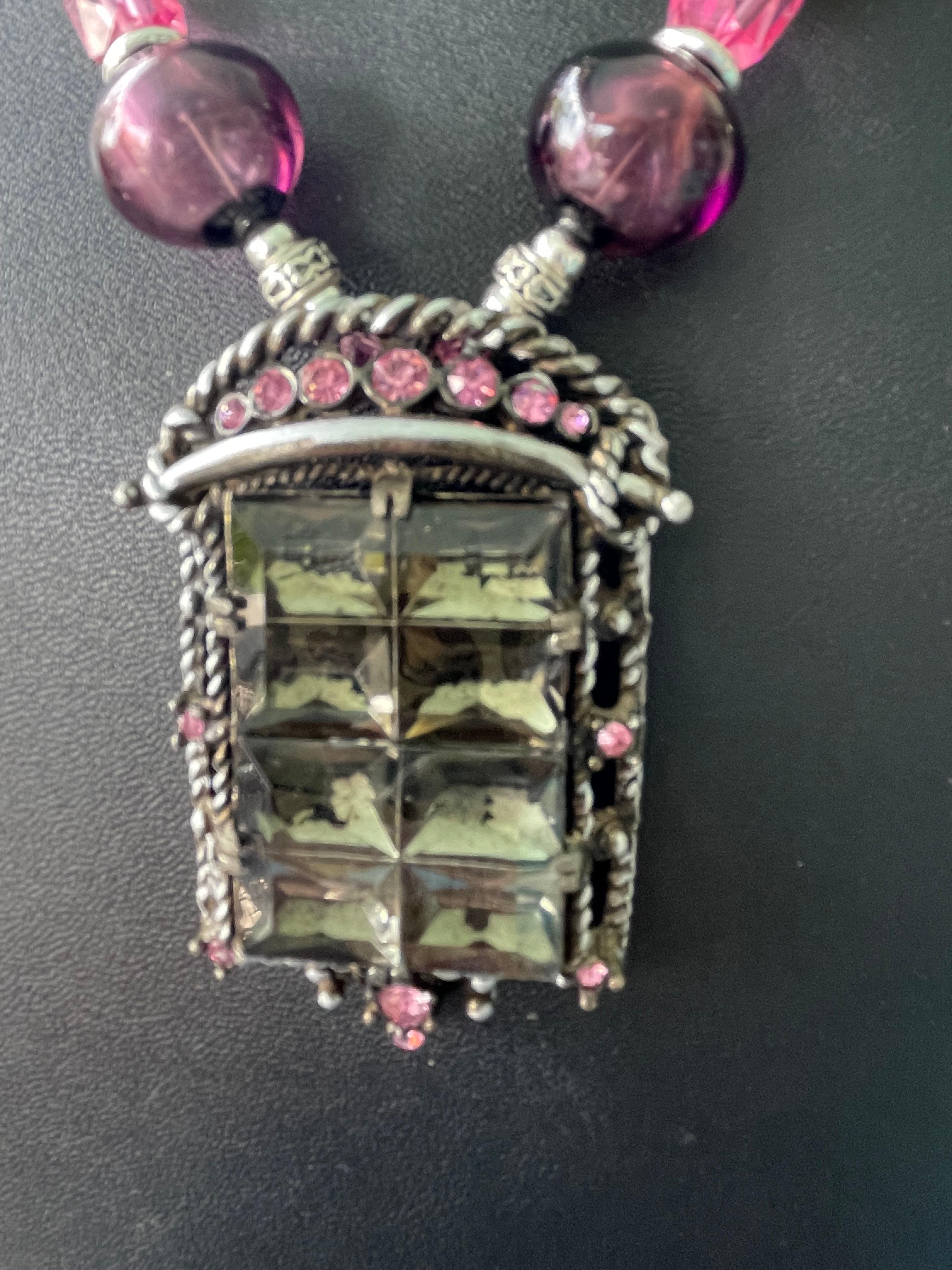 Art Deco LB offers Deco vintage crystal brooch blown glass pink crystals Necklace For Sale